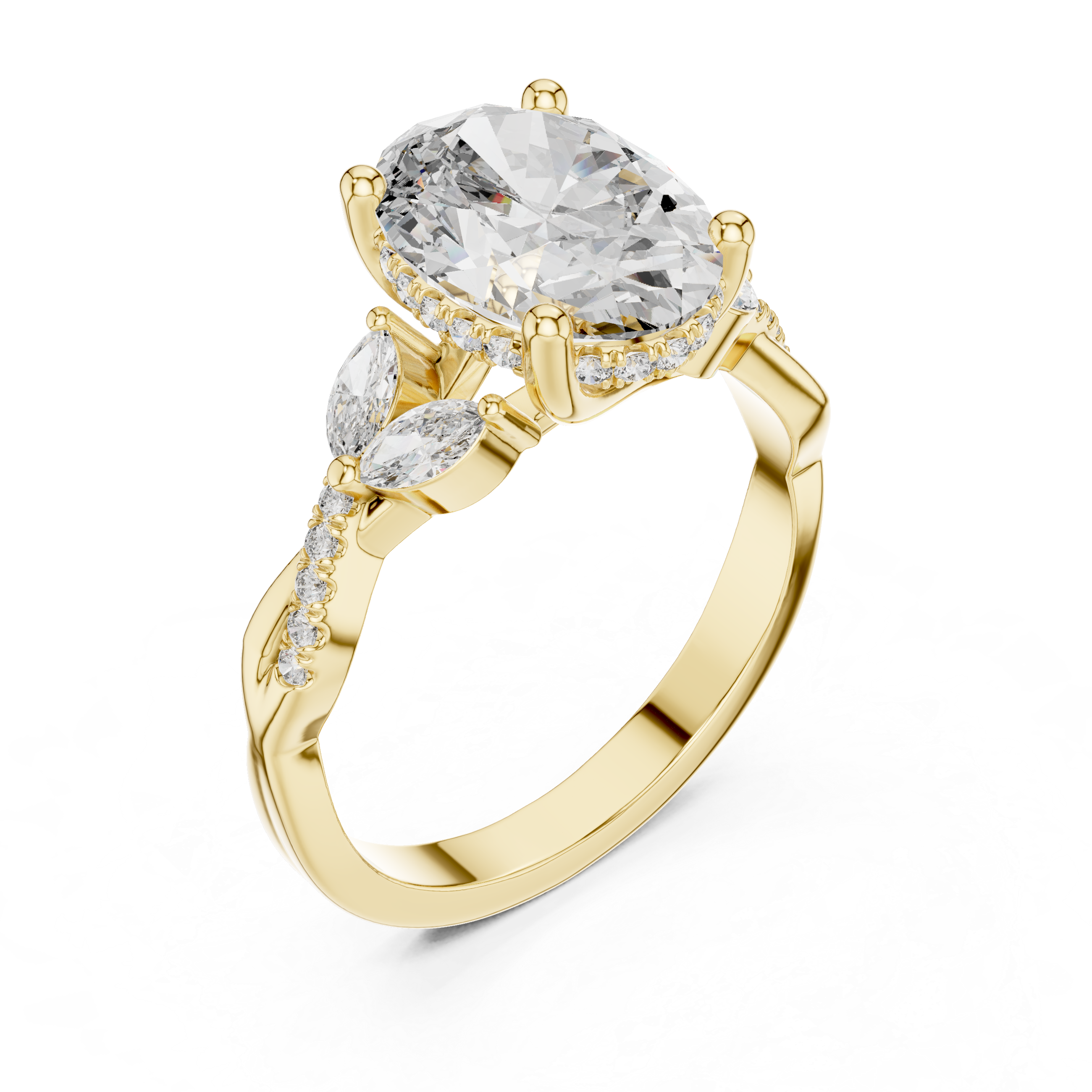oval-cut diamond center and marquise-cut side stones.