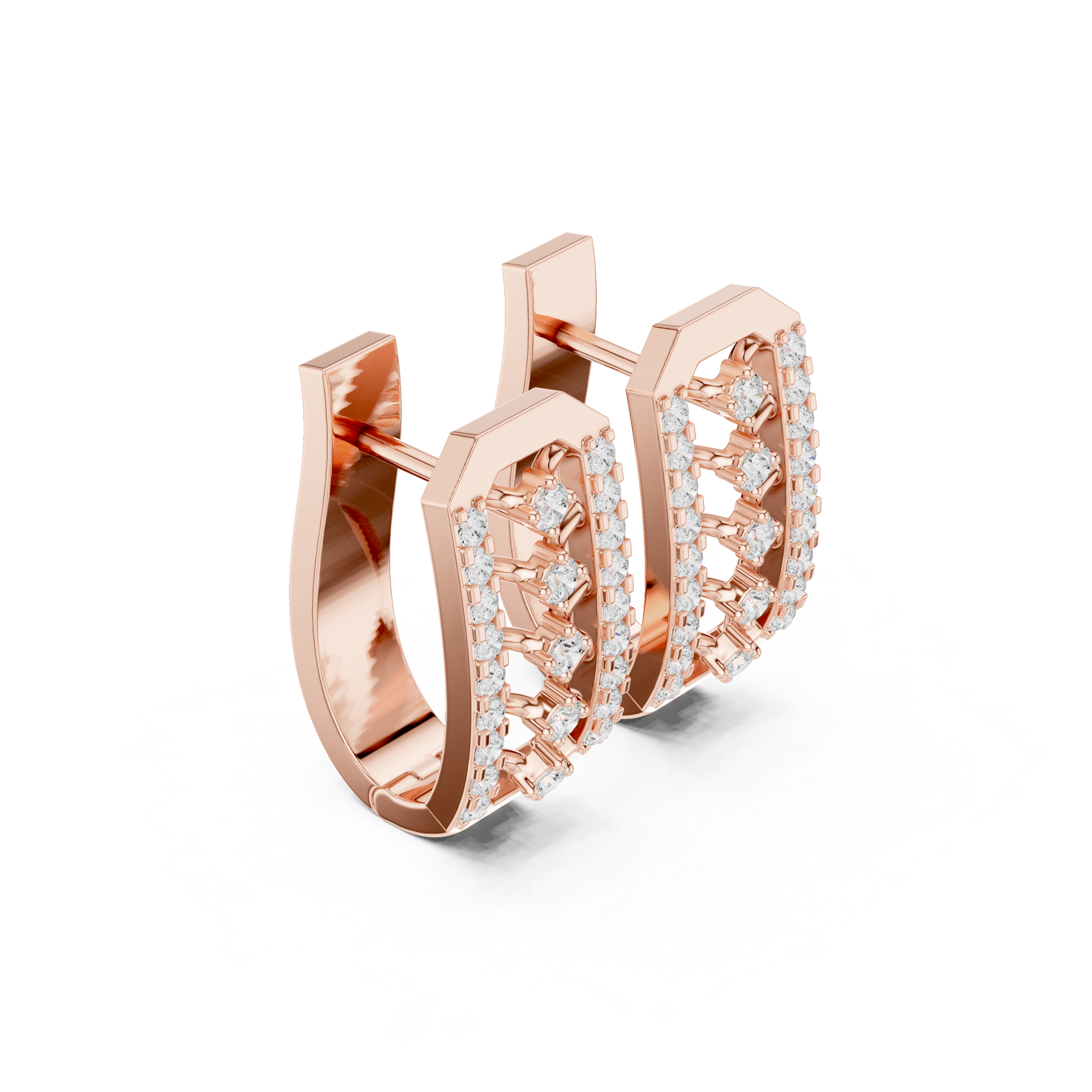 Octagonal Frame Earrings with Chevron Diamond Pattern and Diamond Borders