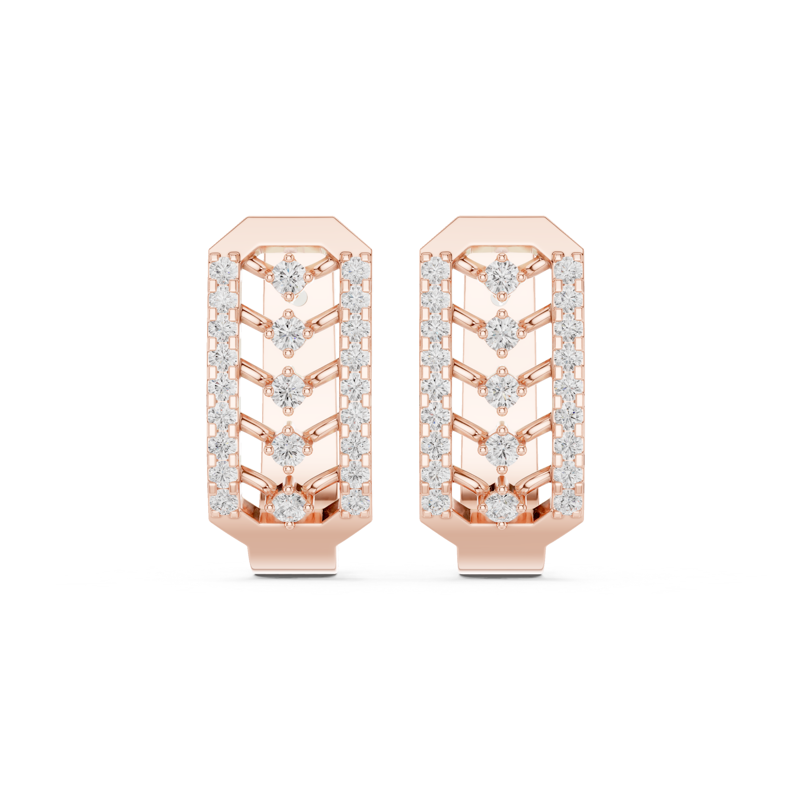 Octagonal Frame Earrings with Chevron Diamond Pattern and Diamond Borders