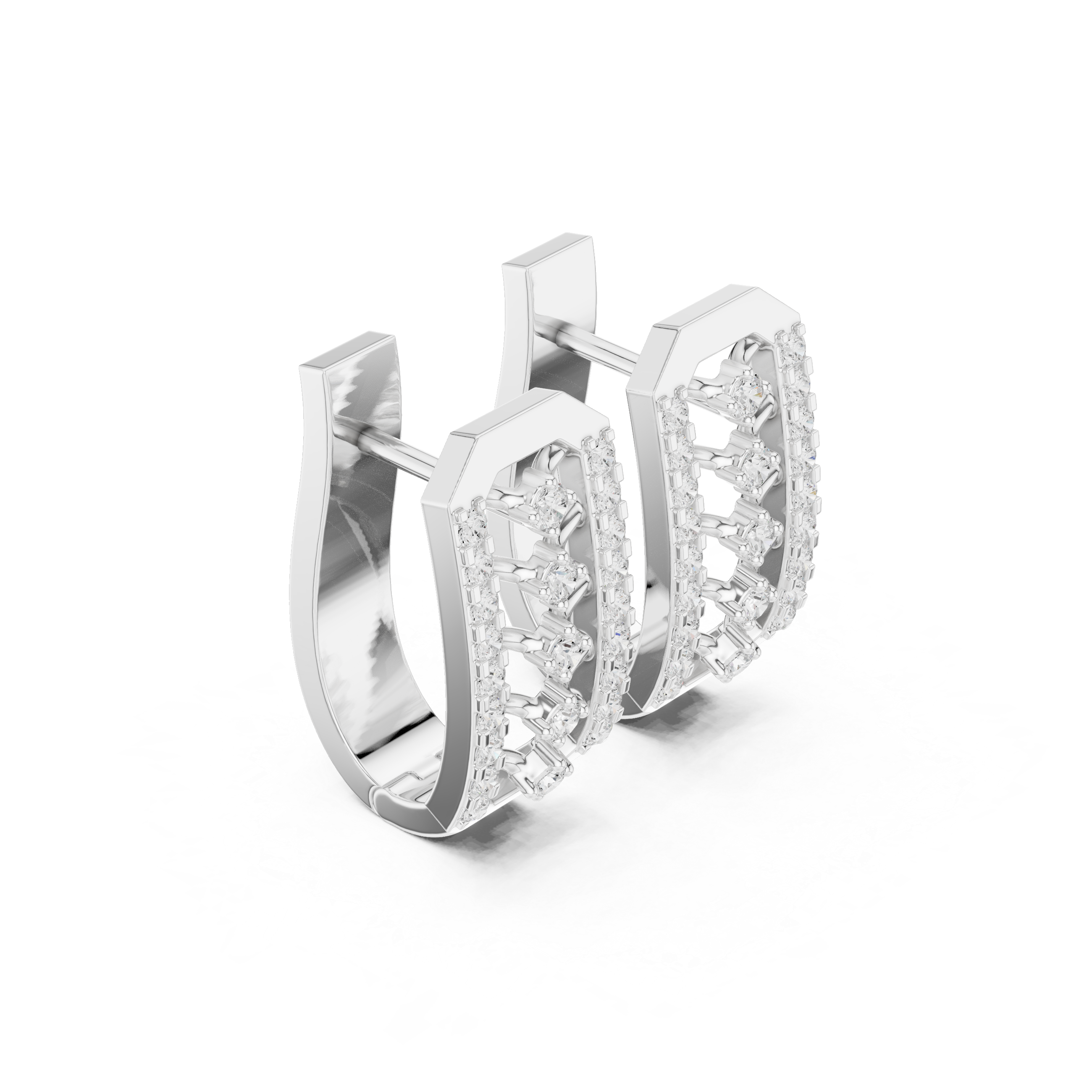 Octagonal Frame Earrings with Chevron Diamond Pattern and Diamond Borders