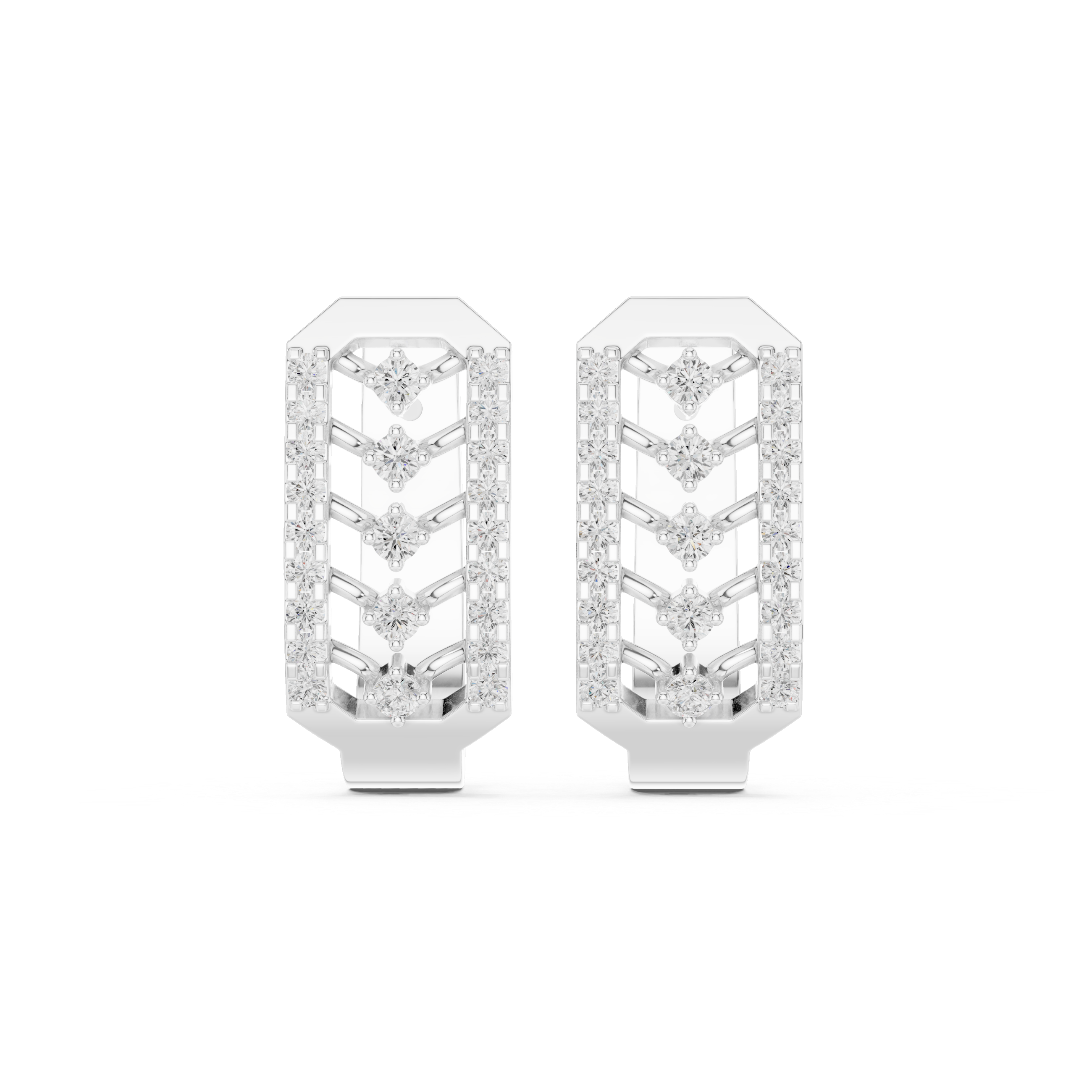 Octagonal Frame Earrings with Chevron Diamond Pattern and Diamond Borders