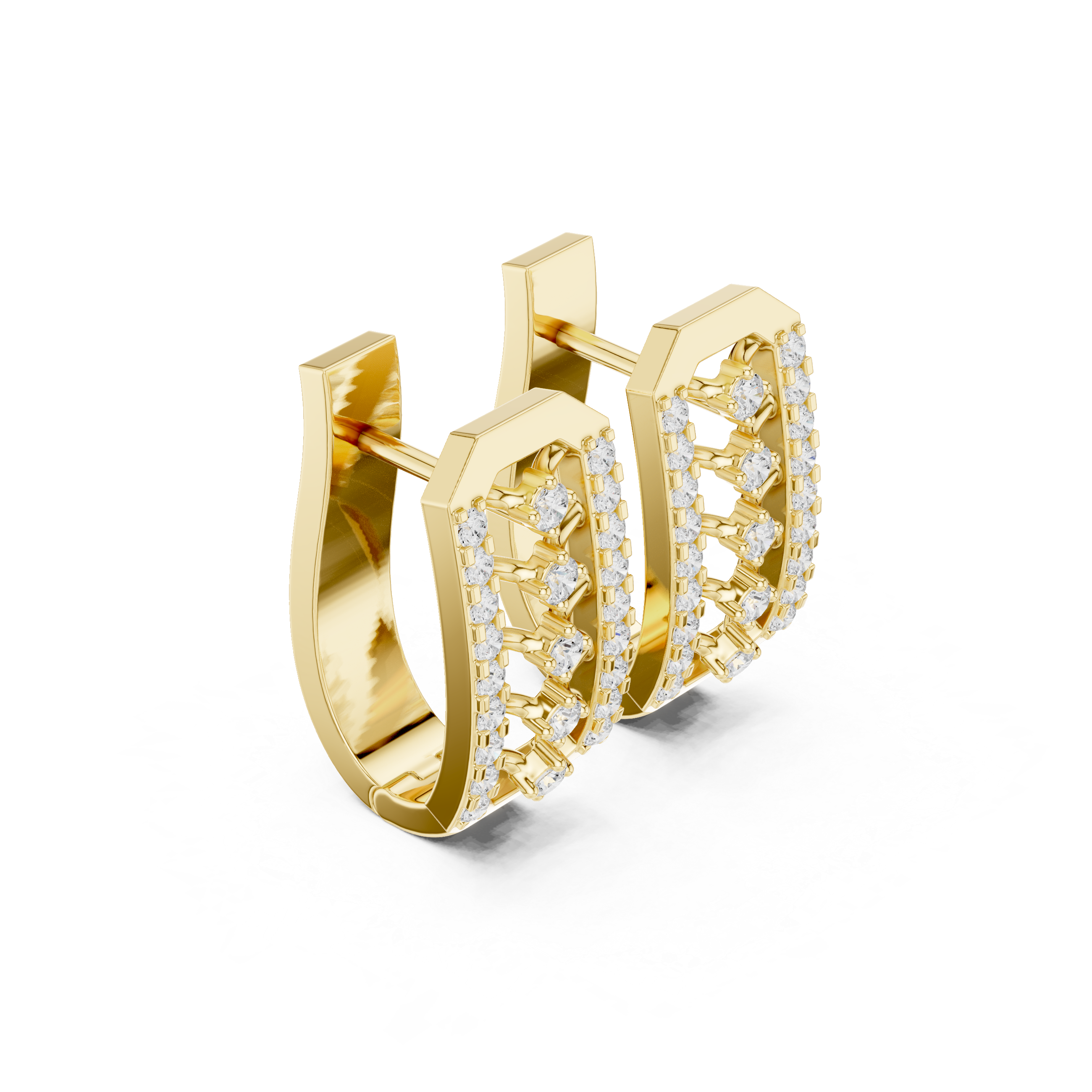 Octagonal Frame Earrings with Chevron Diamond Pattern and Diamond Borders