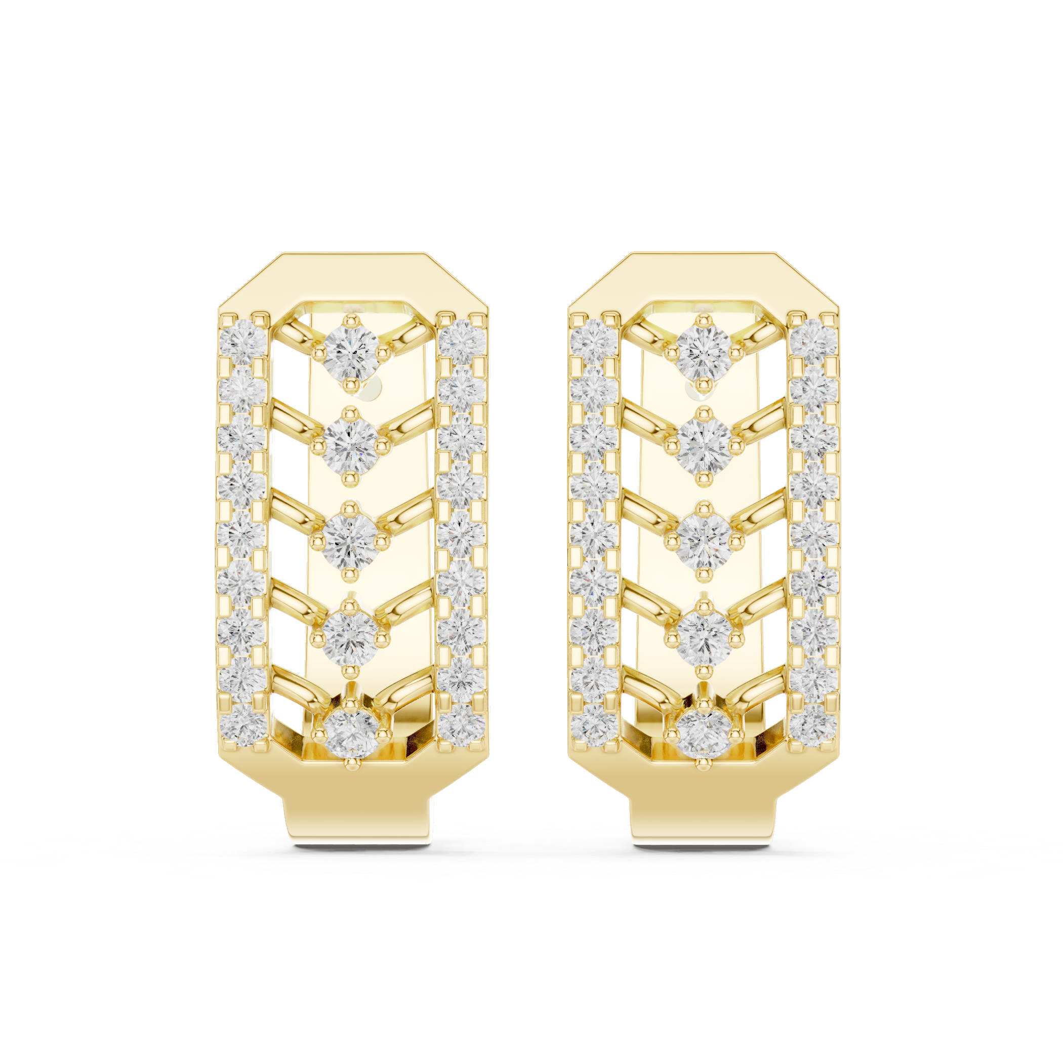 Octagonal Frame Earrings with Chevron Diamond Pattern and Diamond Borders