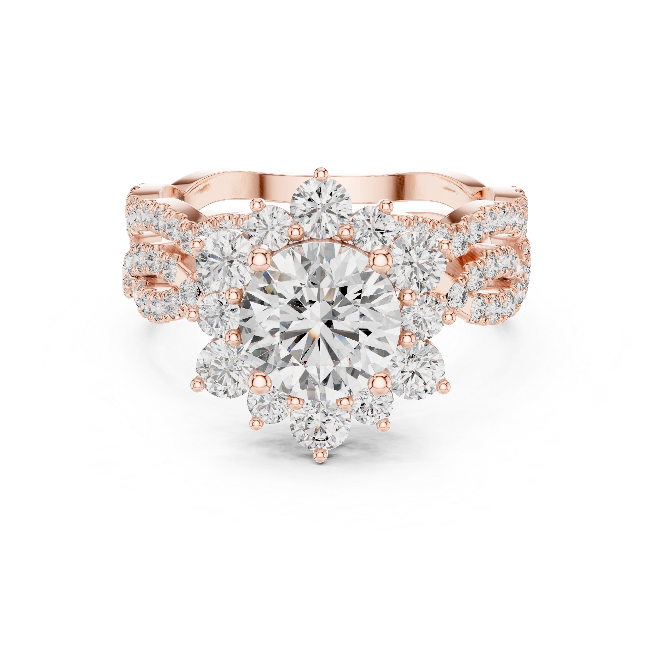 Round center diamond and intricate halo and band of smaller diamonds.