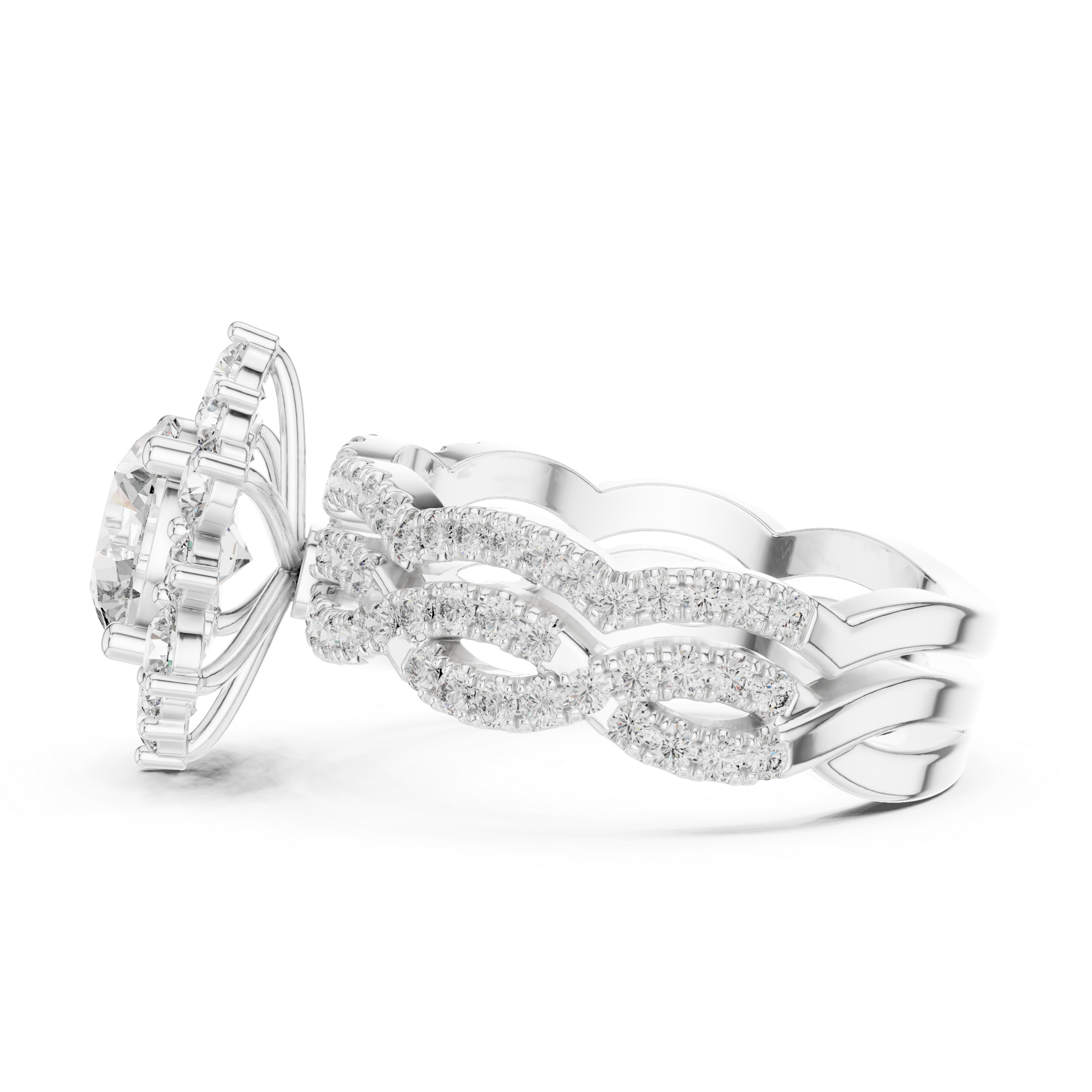Round center diamond and intricate halo and band of smaller diamonds.