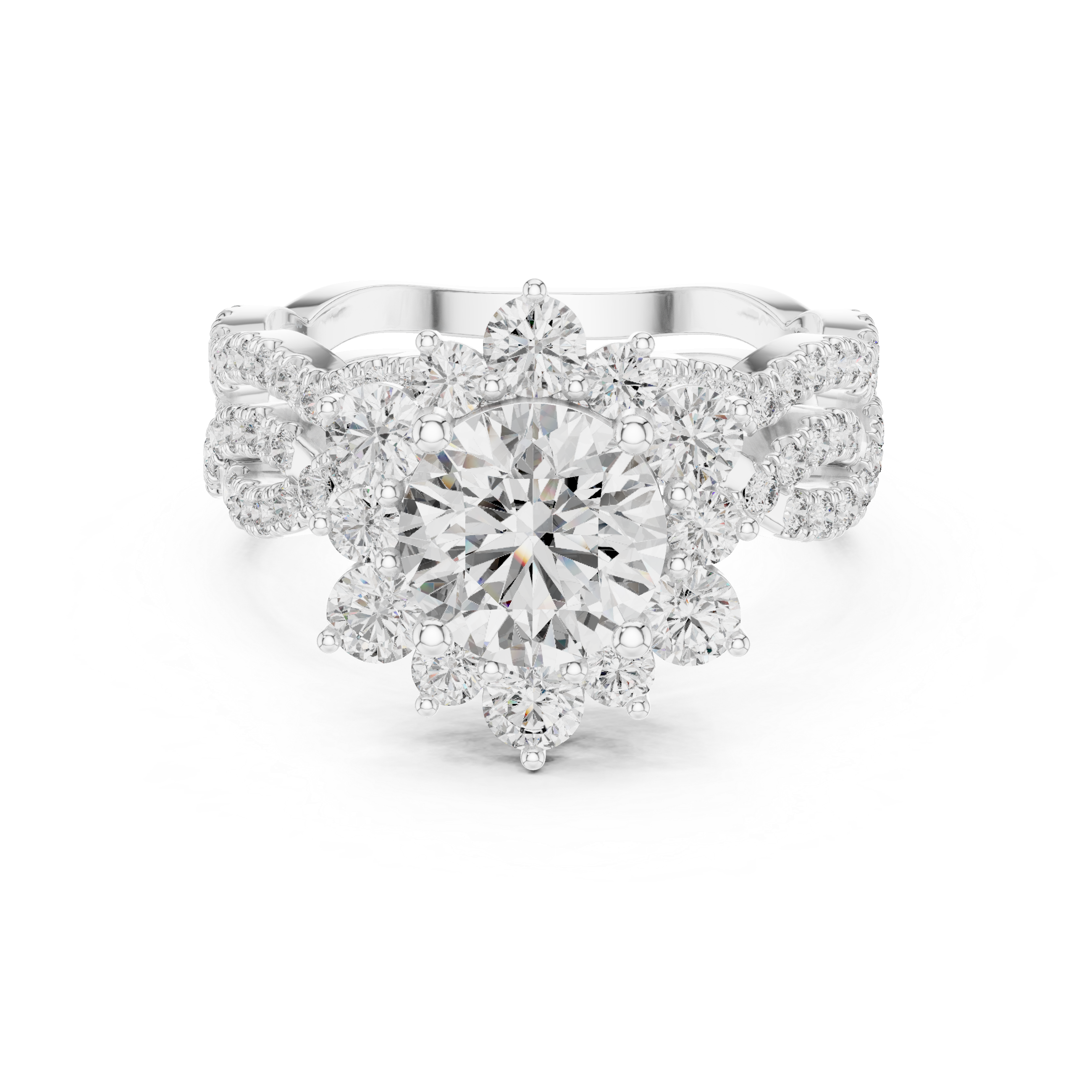 Round center diamond and intricate halo and band of smaller diamonds.