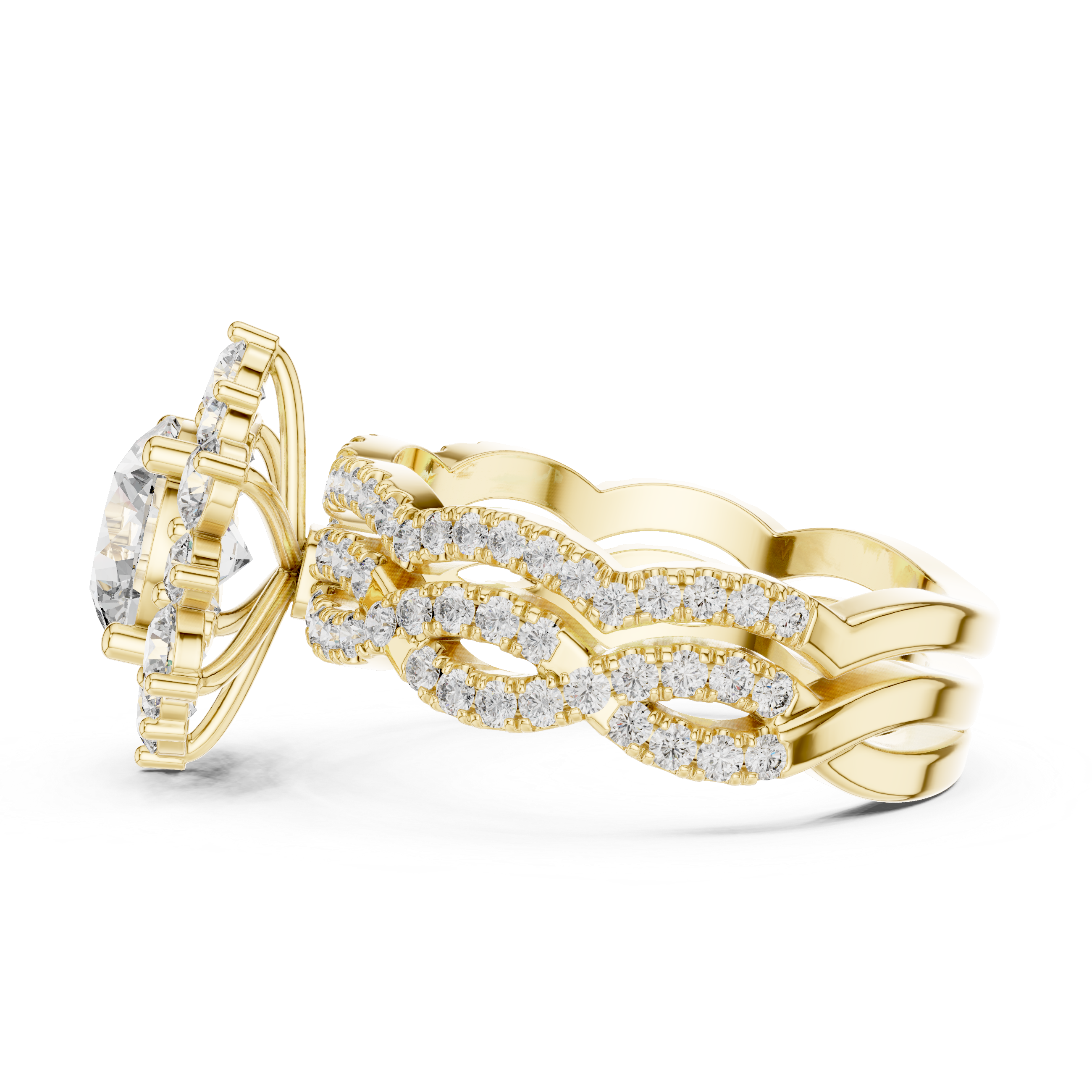 Round center diamond and intricate halo and band of smaller diamonds.