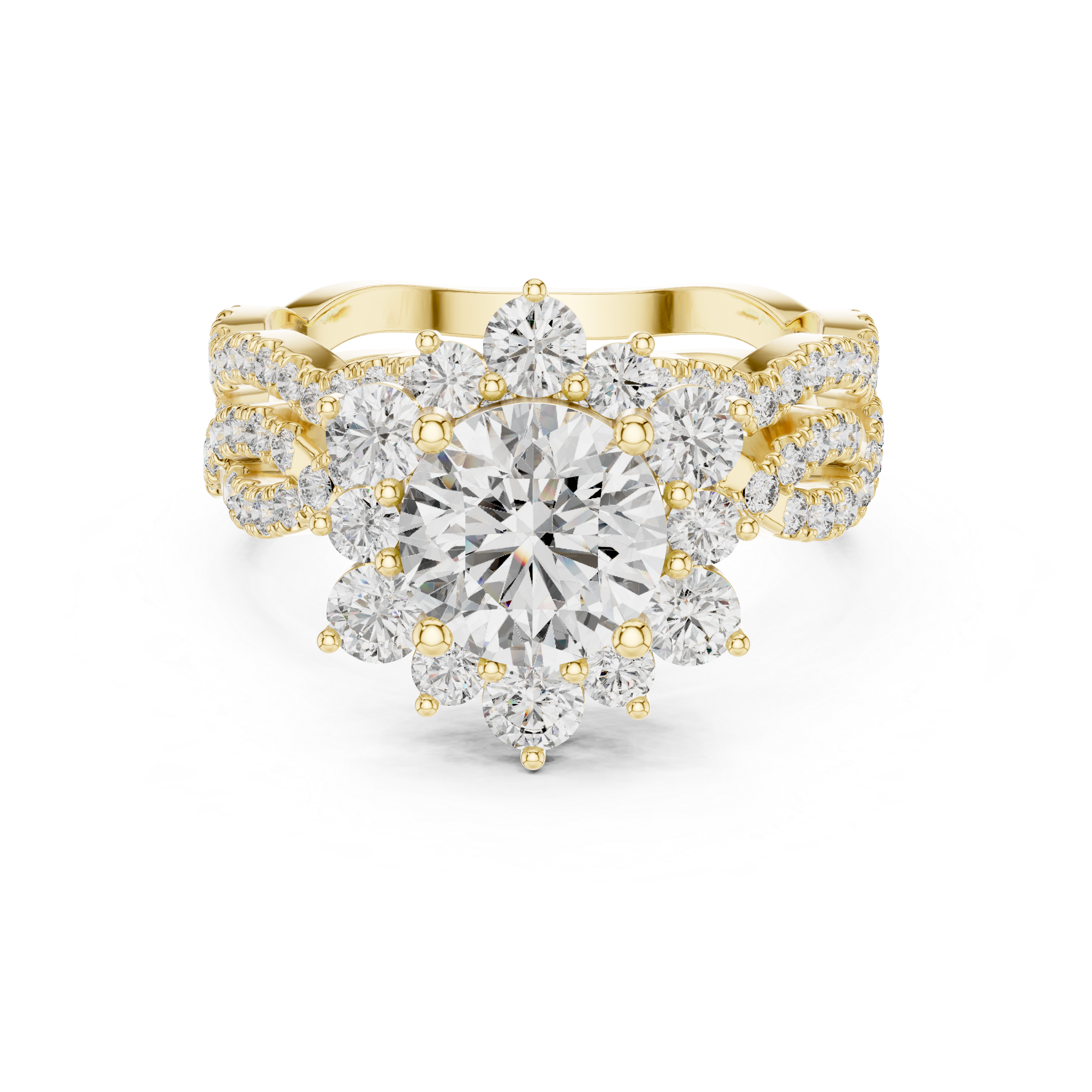 Round center diamond and intricate halo and band of smaller diamonds.
