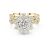 Round center diamond and intricate halo and band of smaller diamonds.