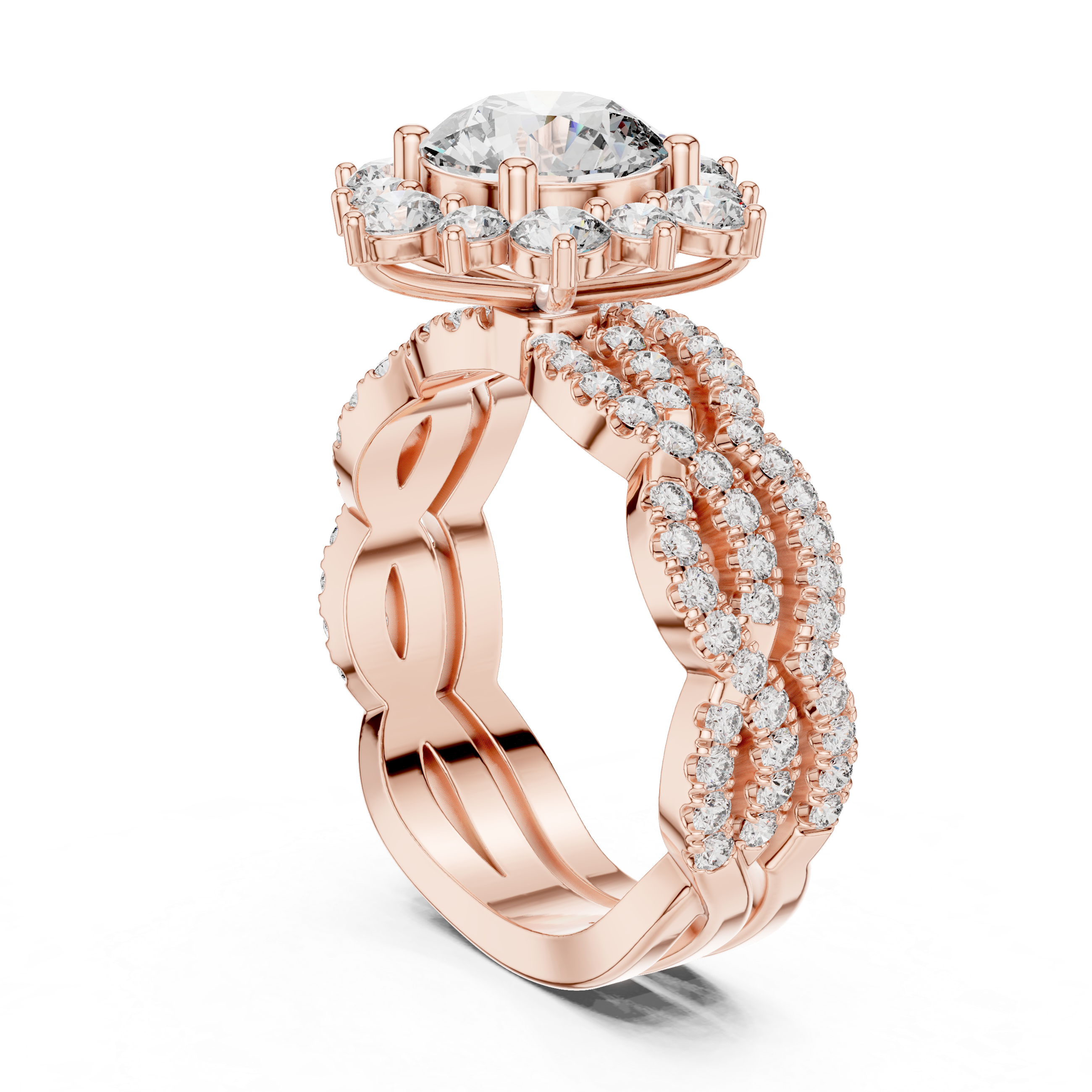 Round center diamond and intricate halo and band of smaller diamonds.
