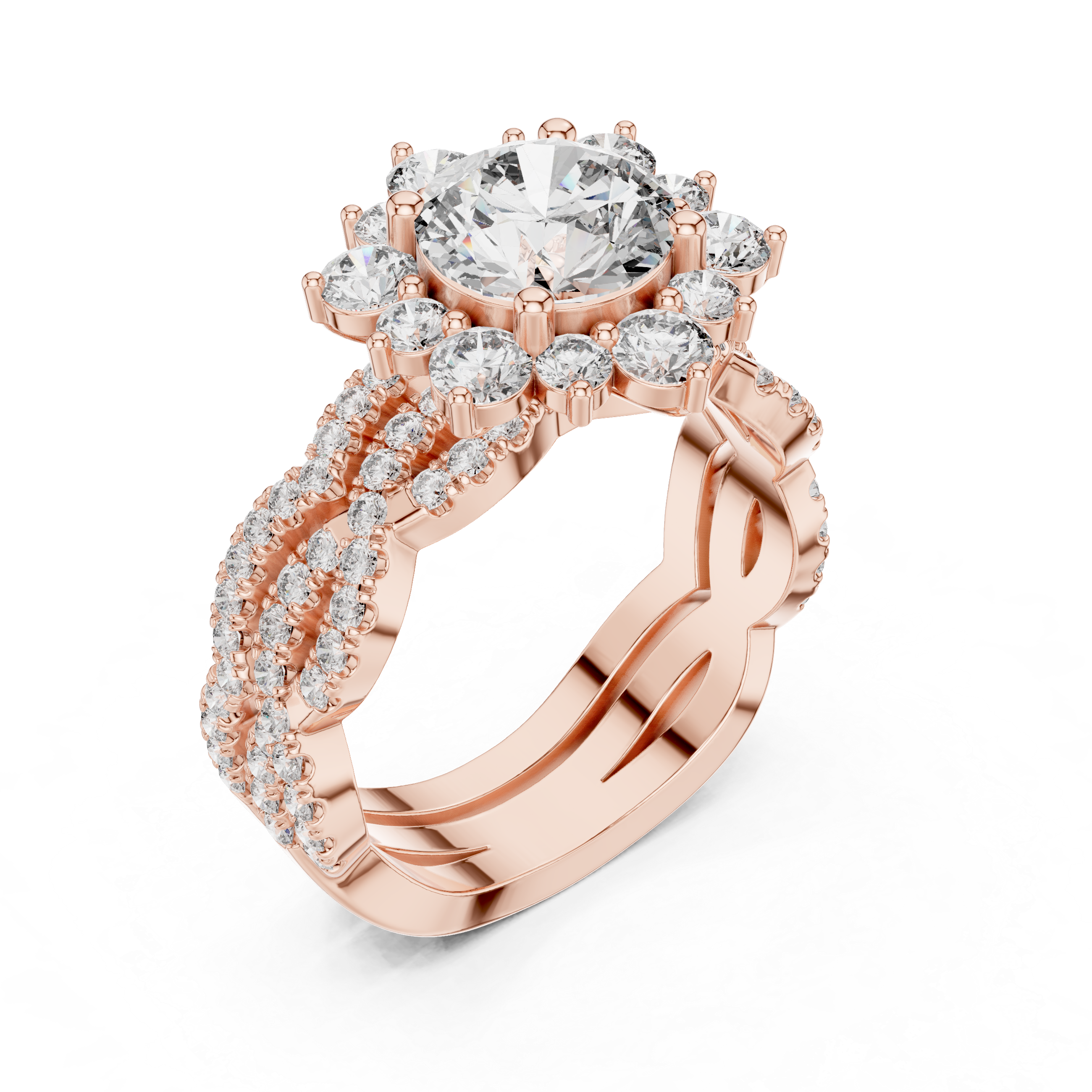 Round center diamond and intricate halo and band of smaller diamonds.