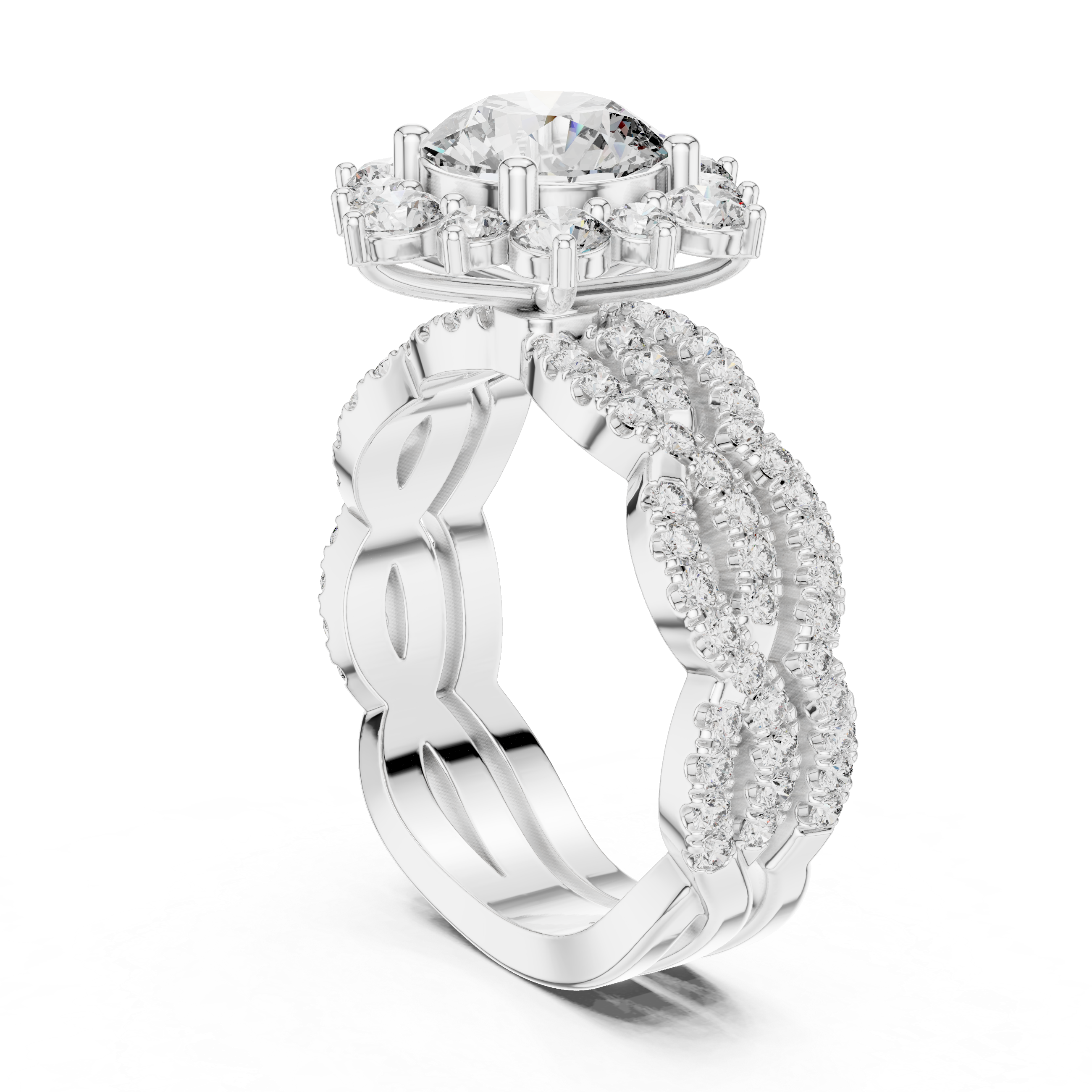 Round center diamond and intricate halo and band of smaller diamonds.
