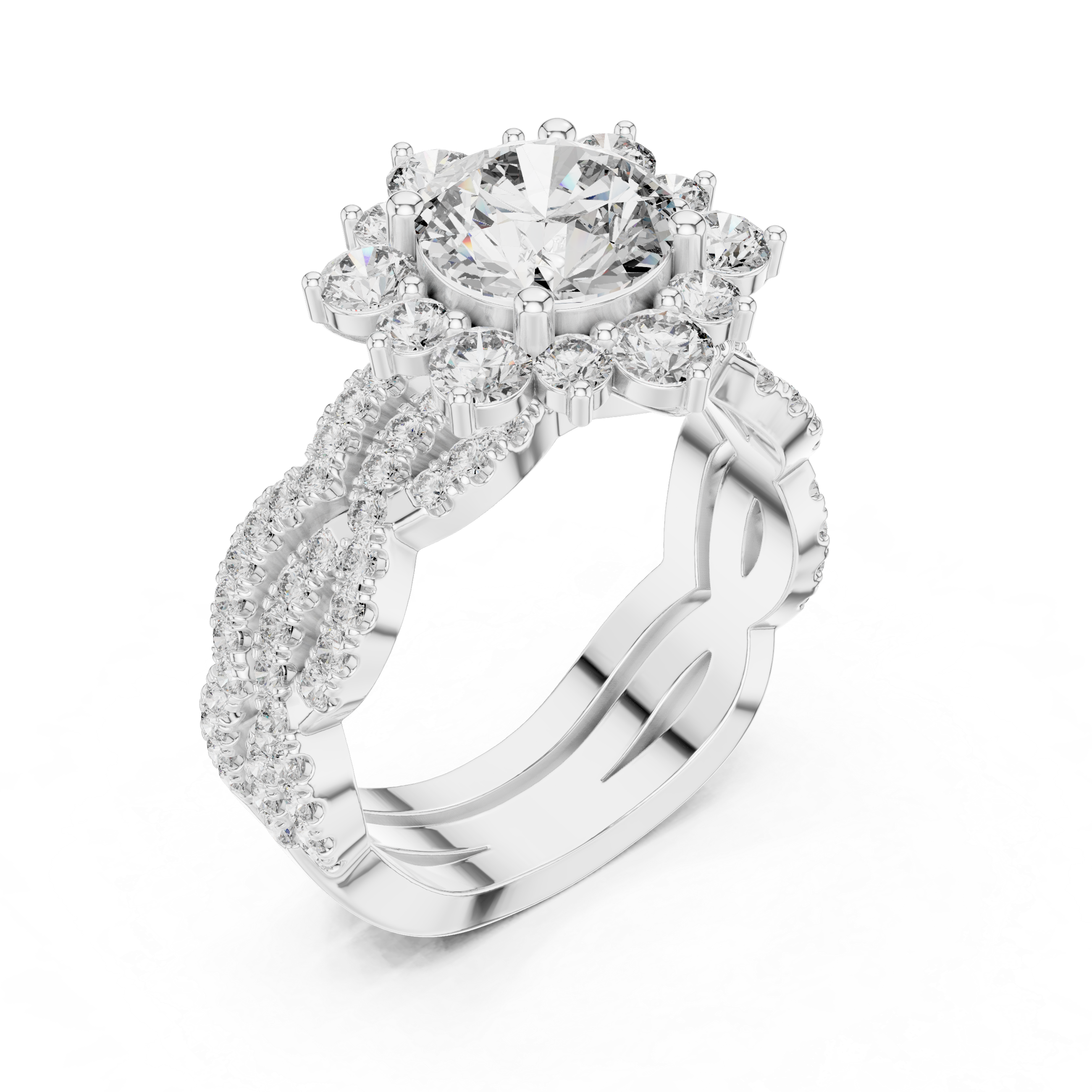 Round center diamond and intricate halo and band of smaller diamonds.