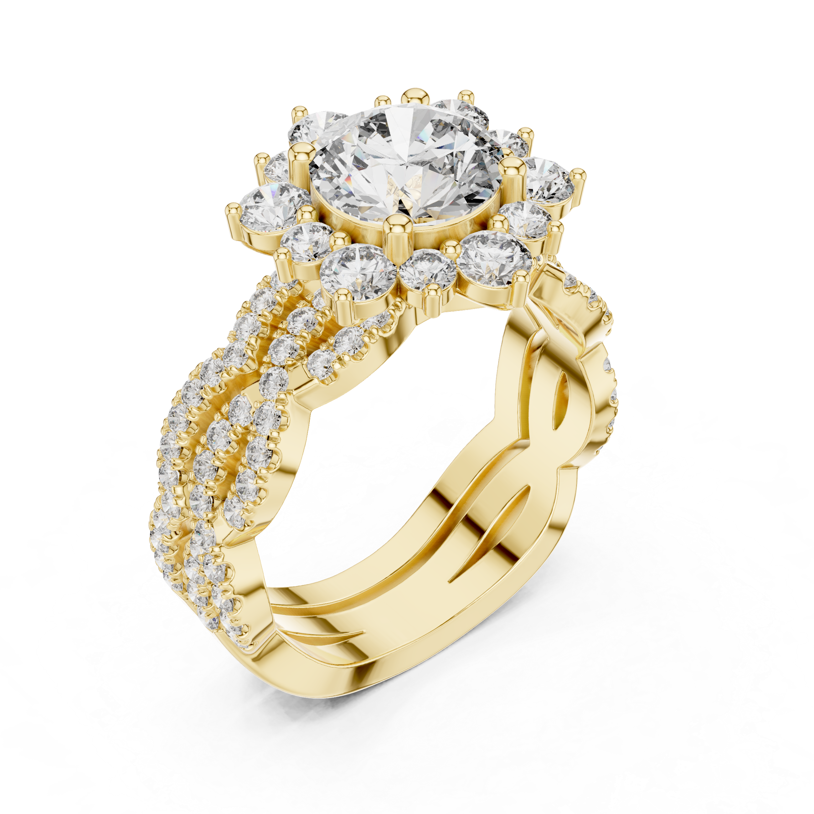 Round center diamond and intricate halo and band of smaller diamonds.
