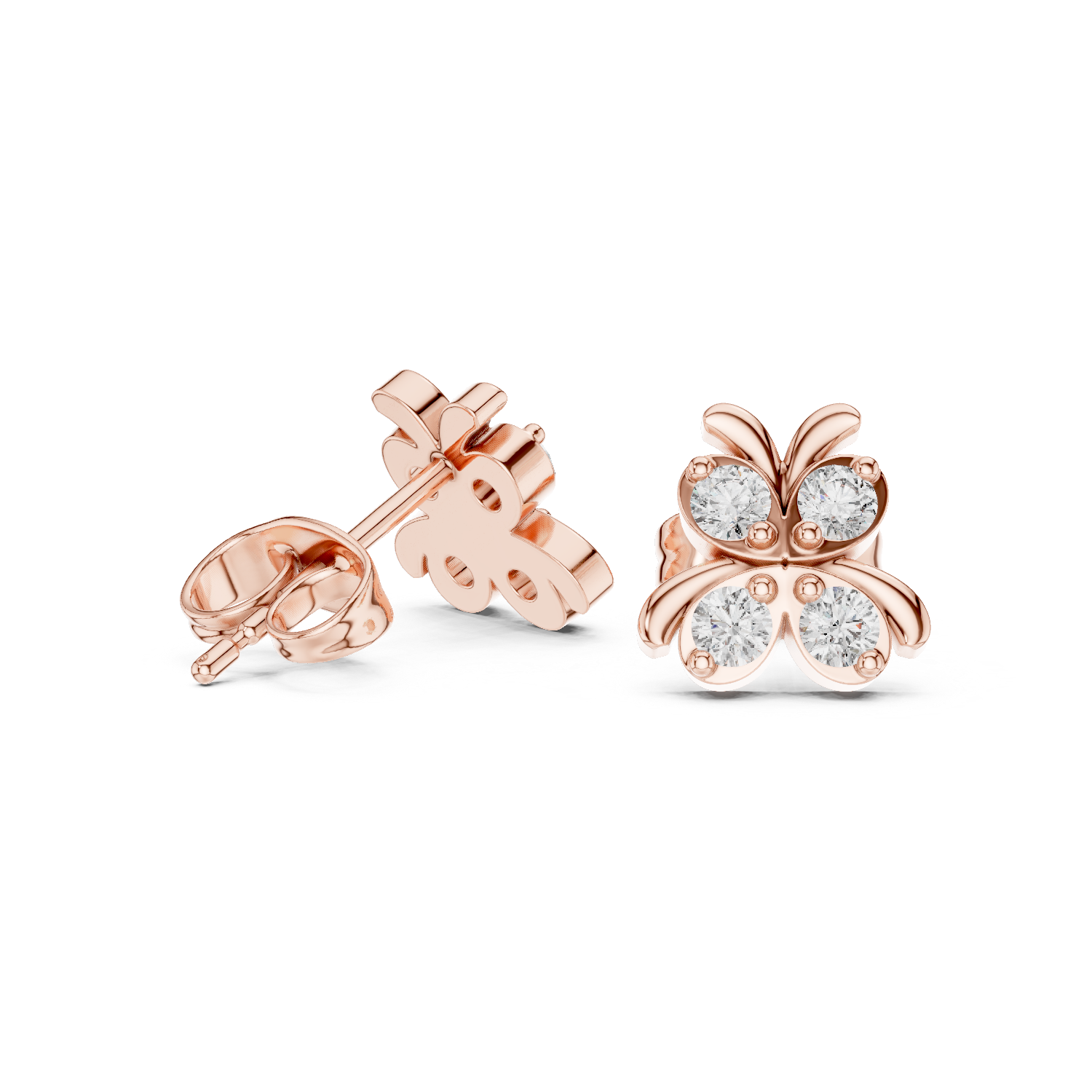 Earrings with a four-diamond floral cluster design.