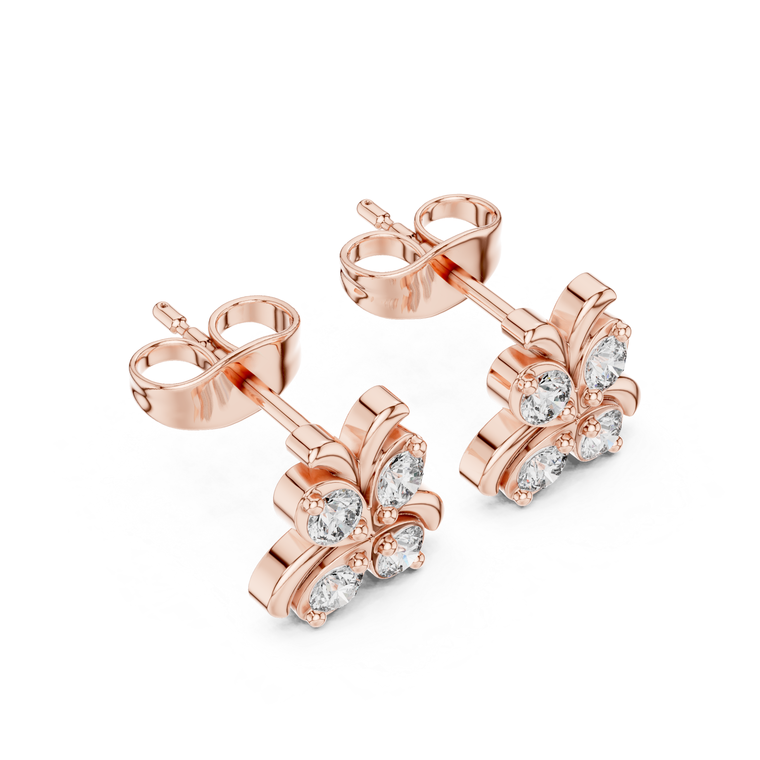 Earrings with a four-diamond floral cluster design.