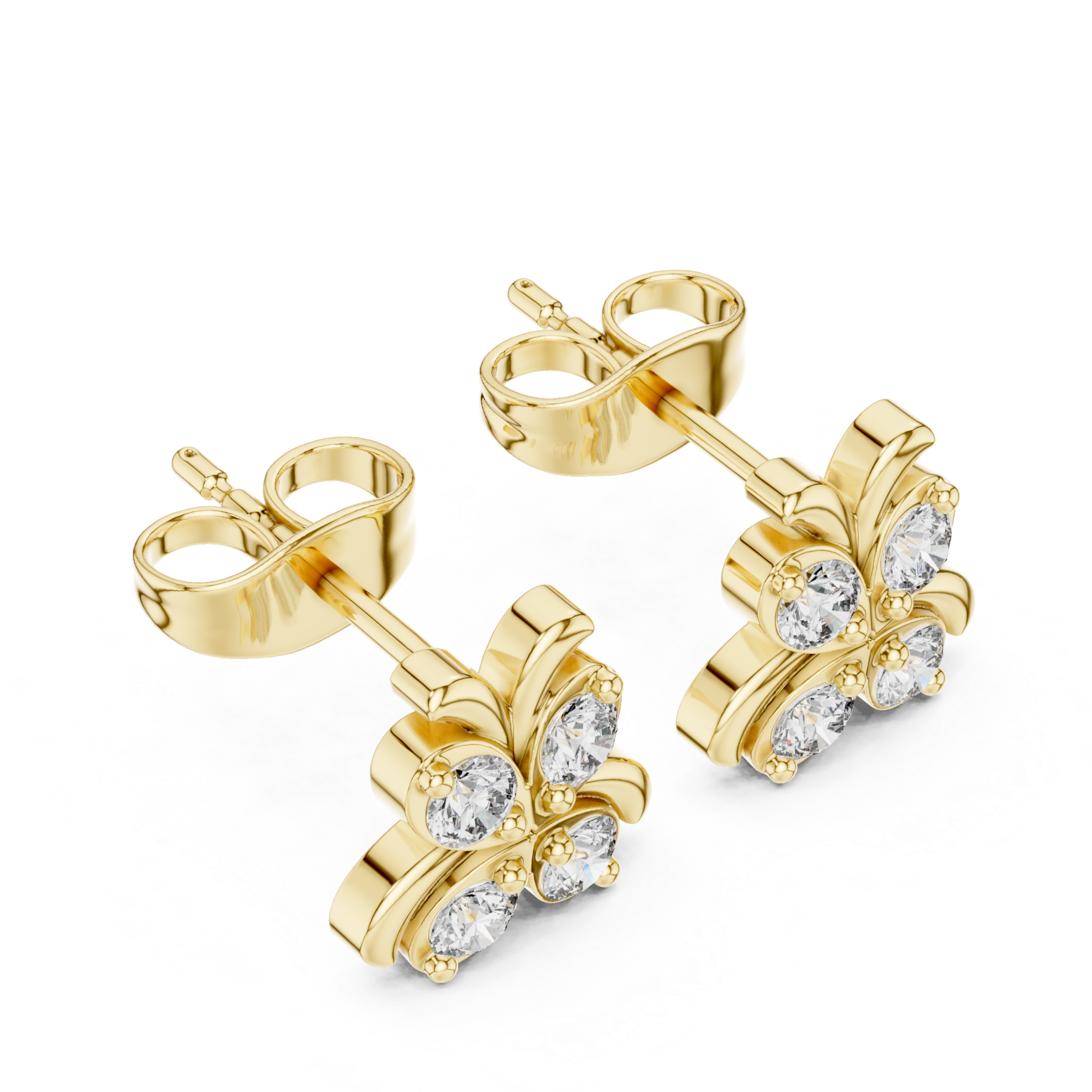 Earrings with a four-diamond floral cluster design.