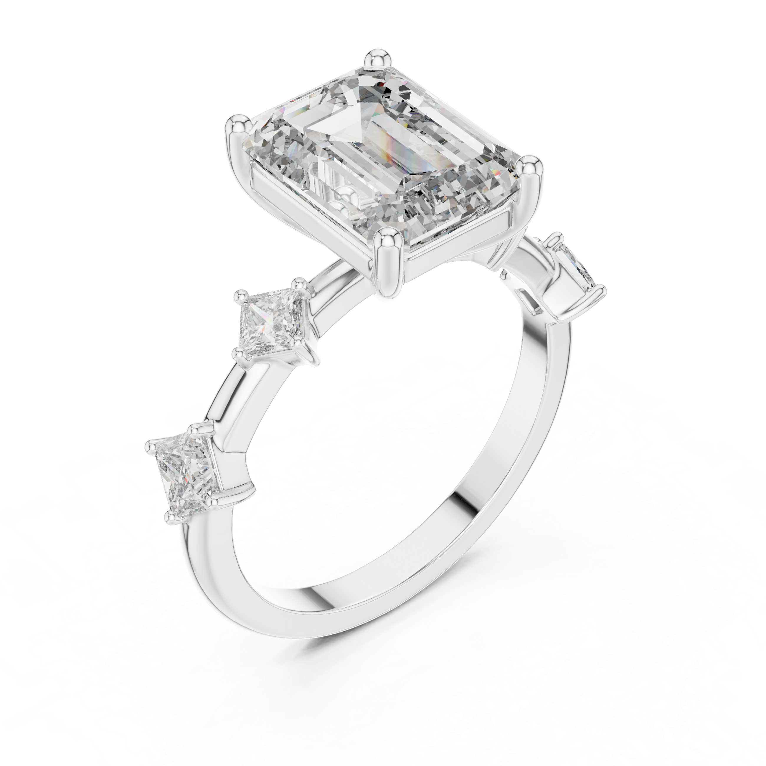 Emerald-Cut Center Diamond Ring with Princess-Cut Side Stones