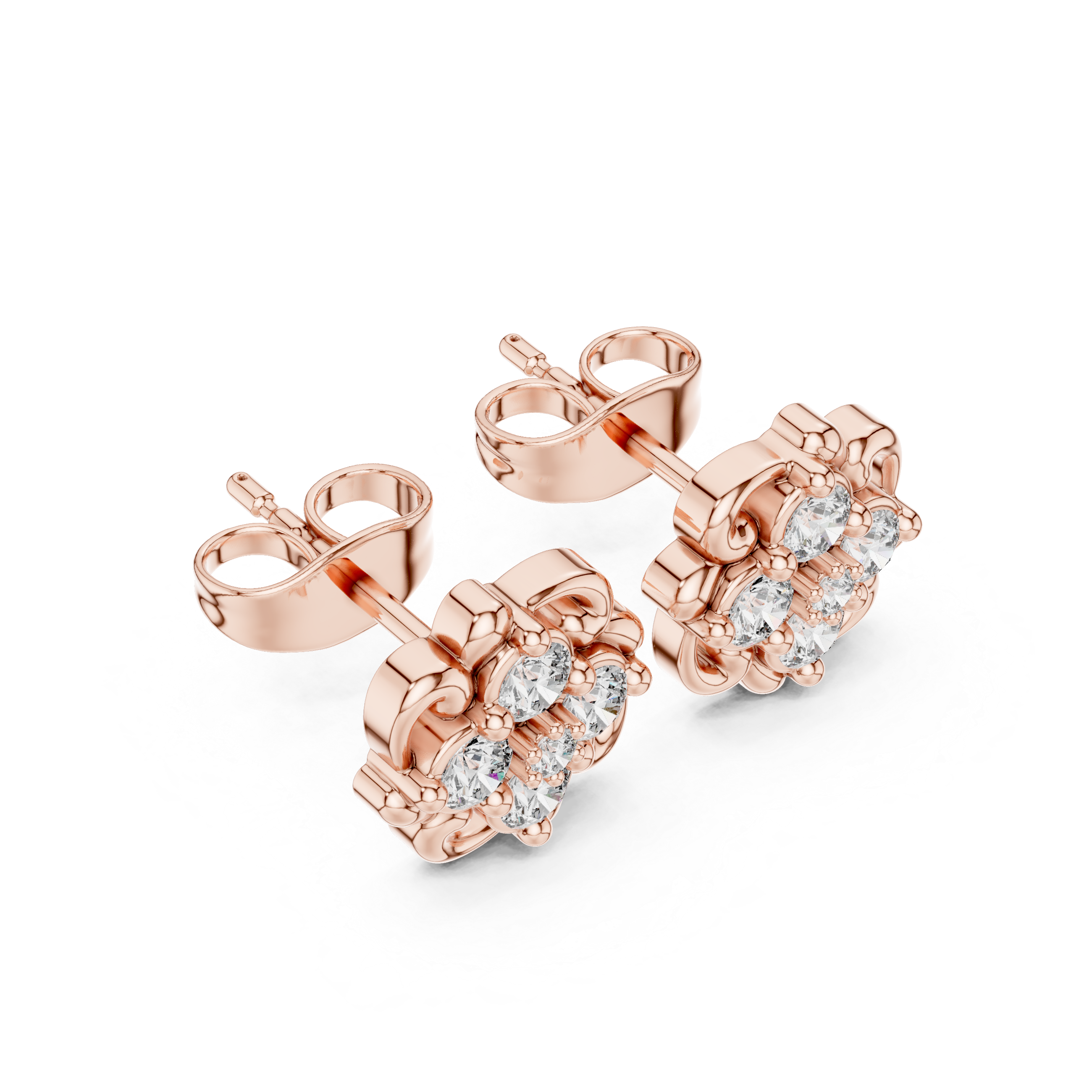 Ornate floral cluster diamond stud earrings.