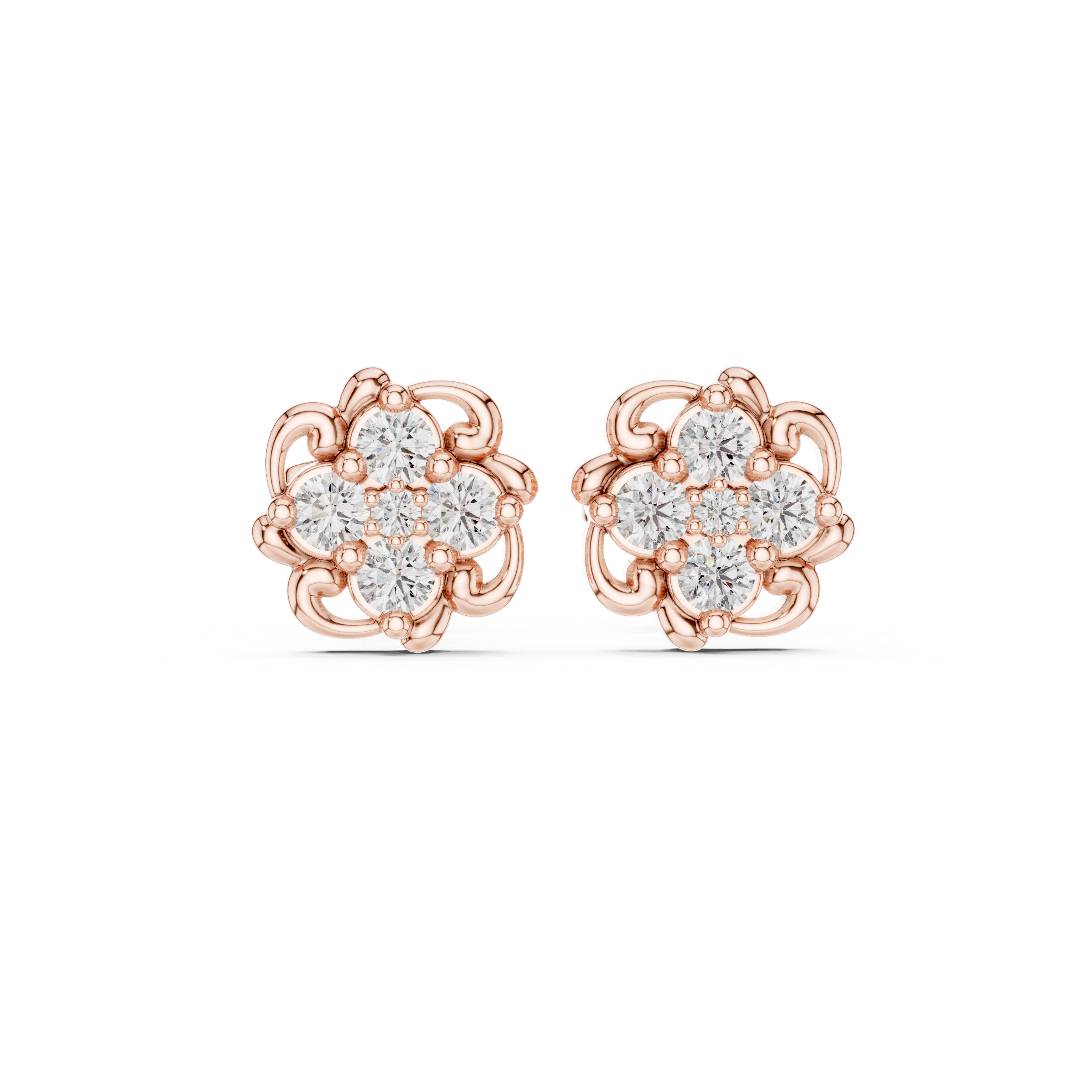 Ornate floral cluster diamond stud earrings.