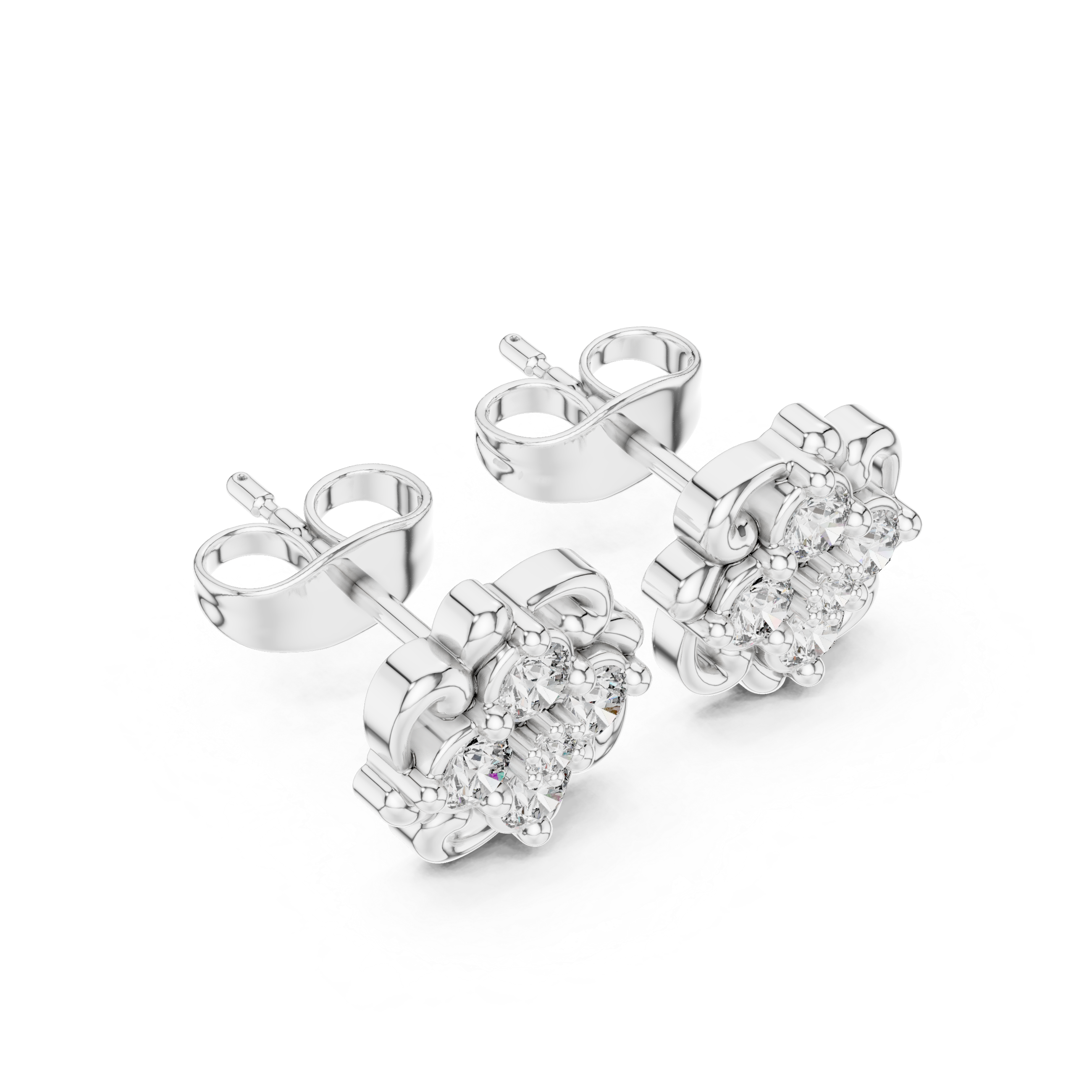 Ornate floral cluster diamond stud earrings.