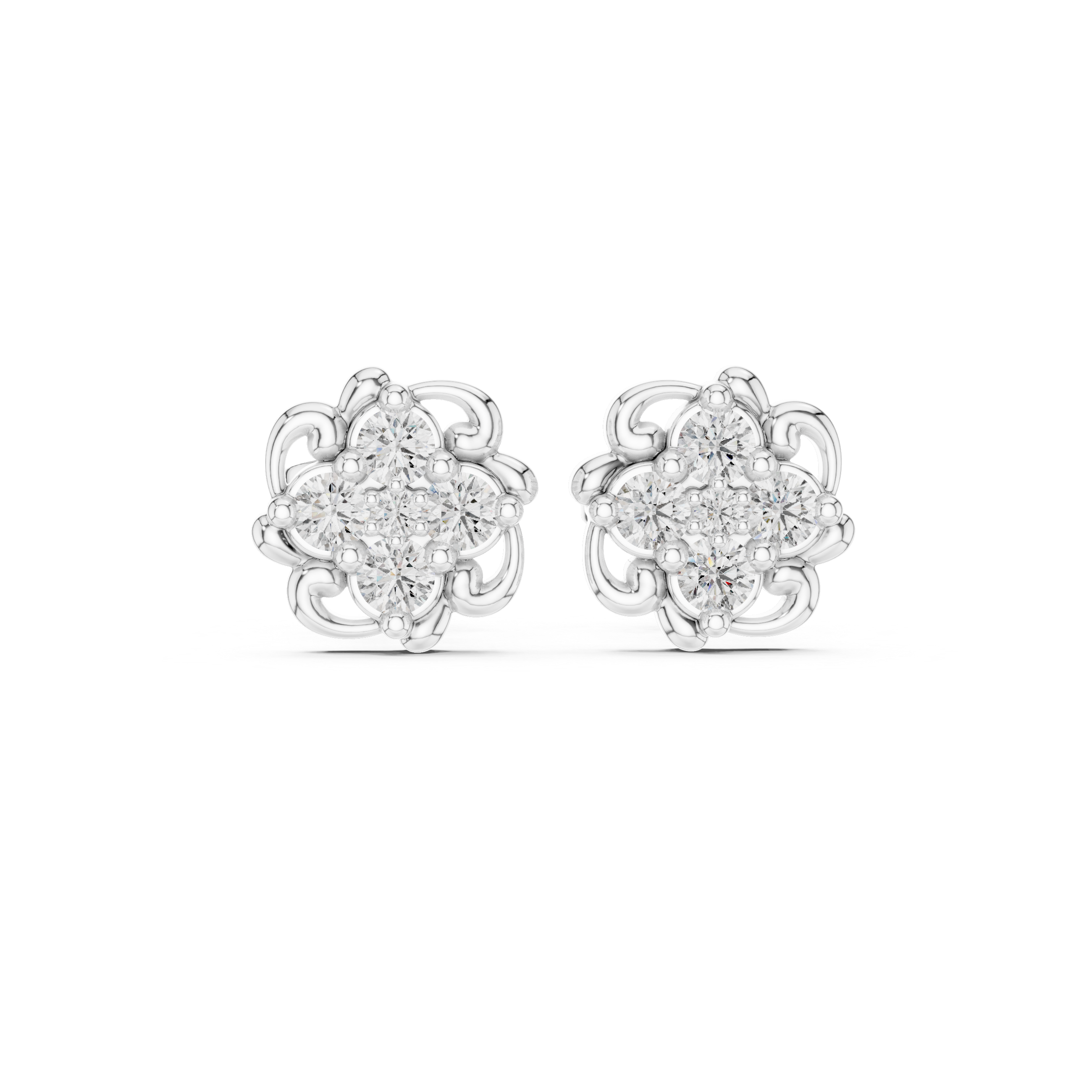 Ornate floral cluster diamond stud earrings.