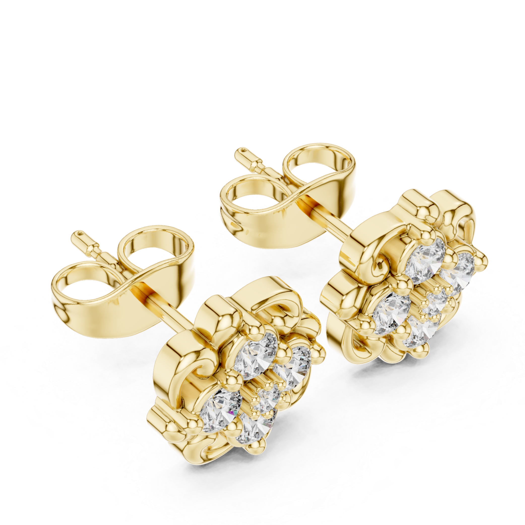 Ornate floral cluster diamond stud earrings.