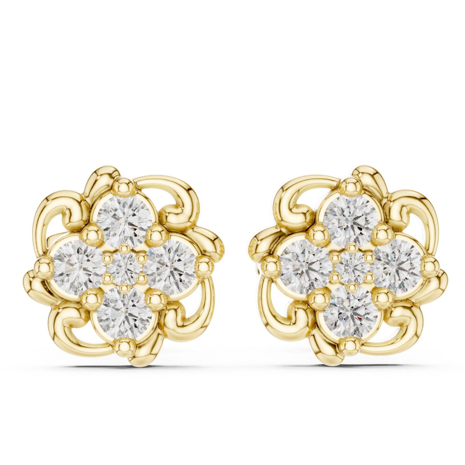 Ornate floral cluster diamond stud earrings.