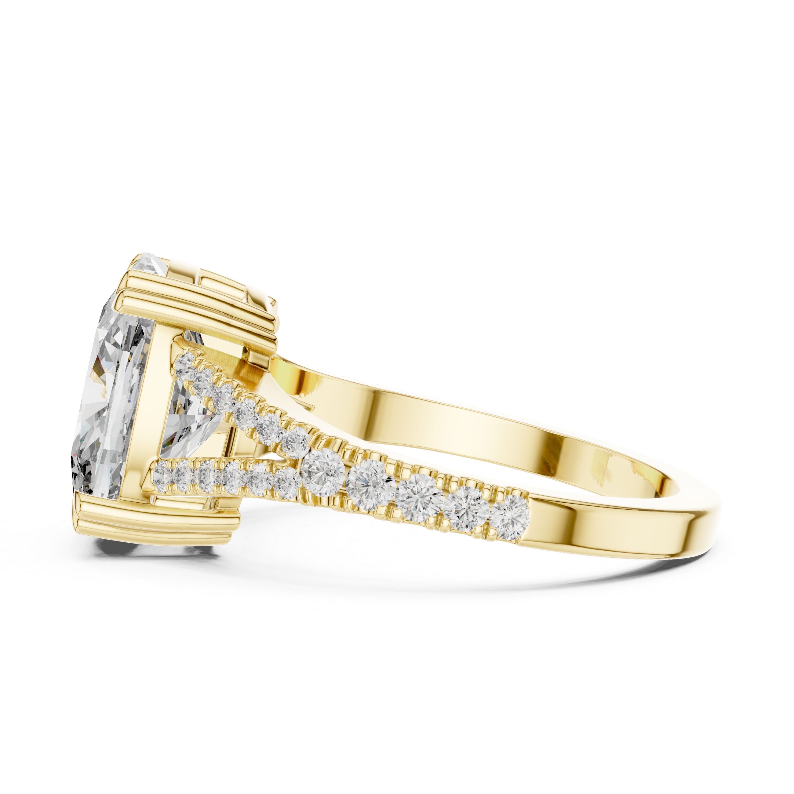 Split Shank Engagement Ring with Cushion-Cut Diamond and Pave-Set Accents.