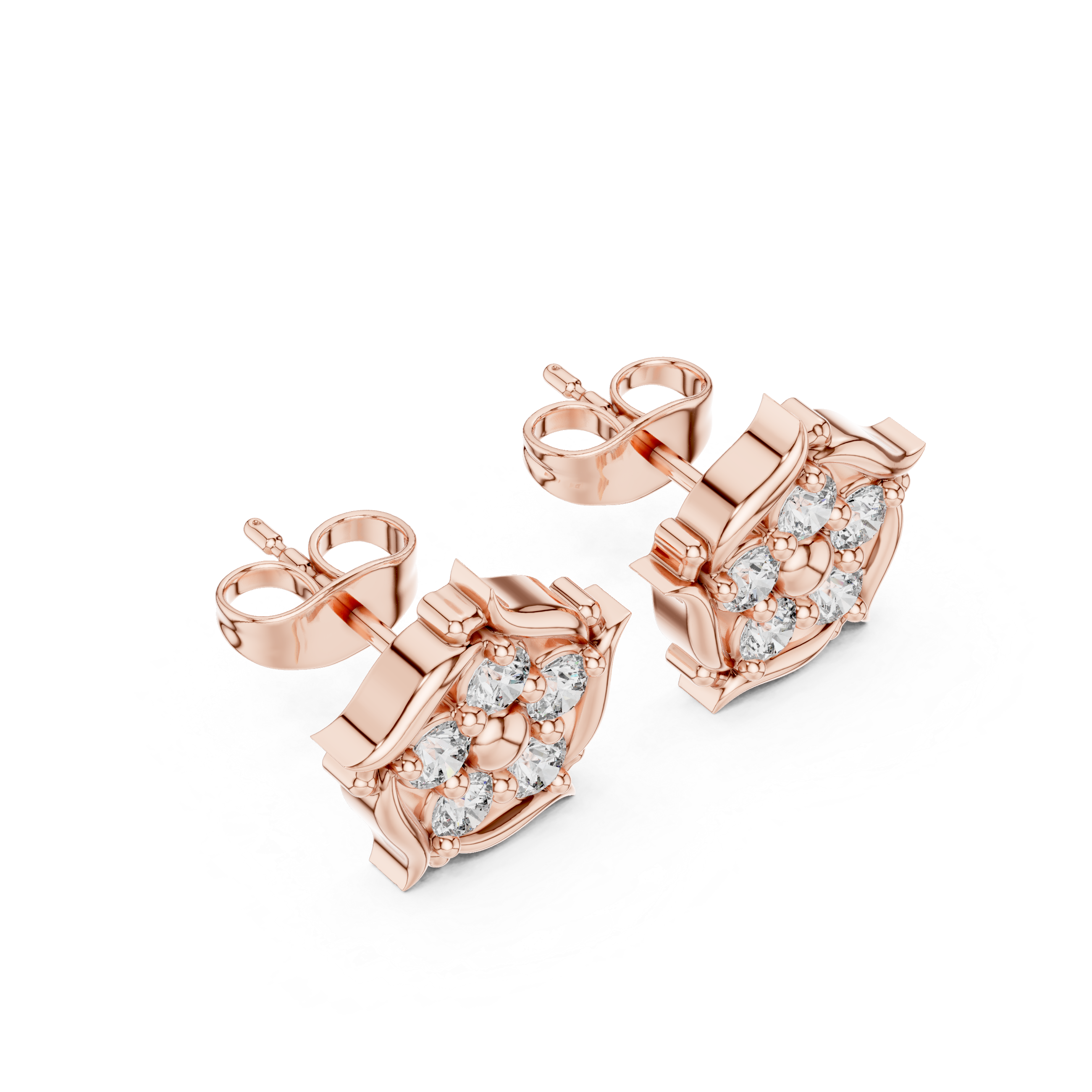 Vintage-inspired floral diamond stud earrings.