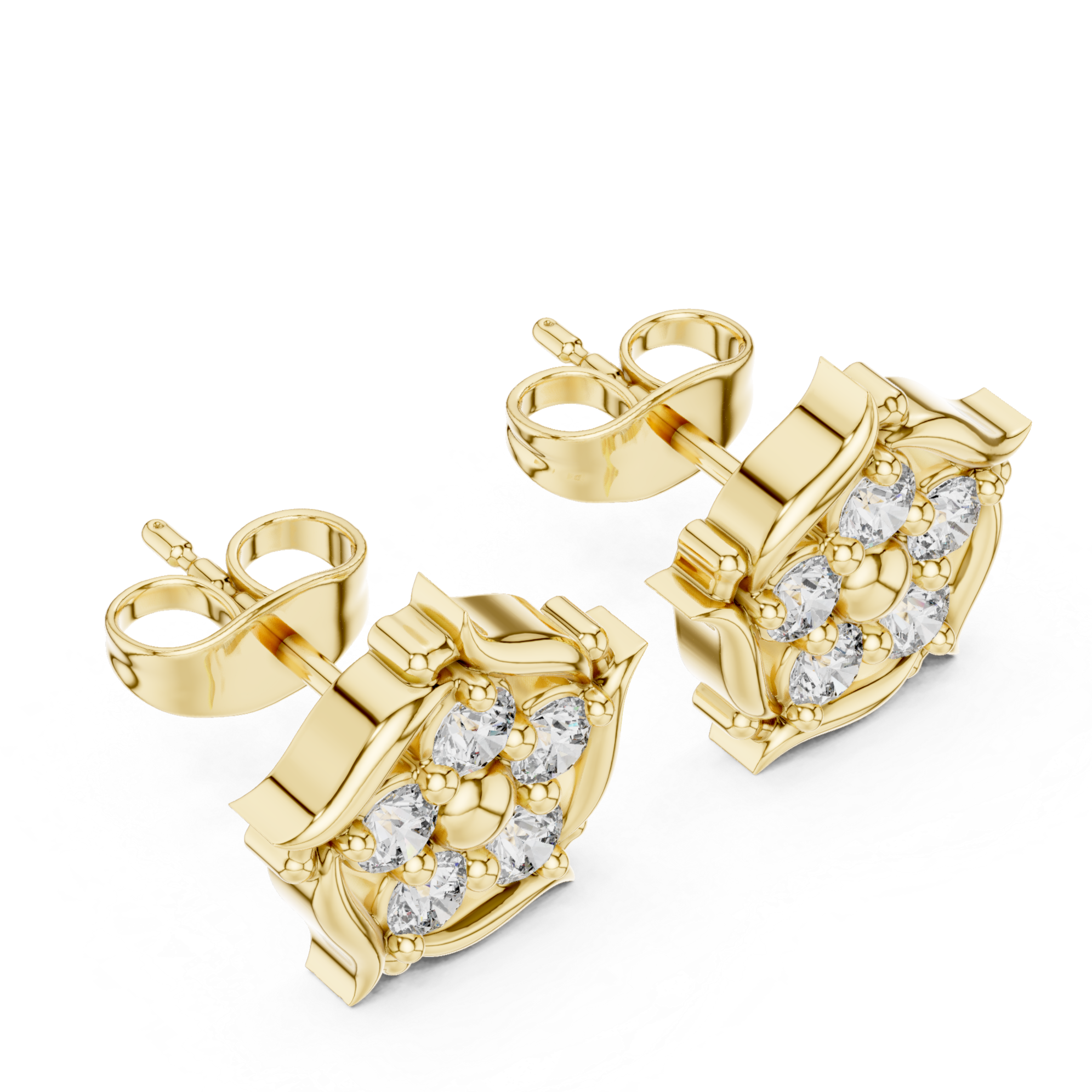 Vintage-inspired floral diamond stud earrings.