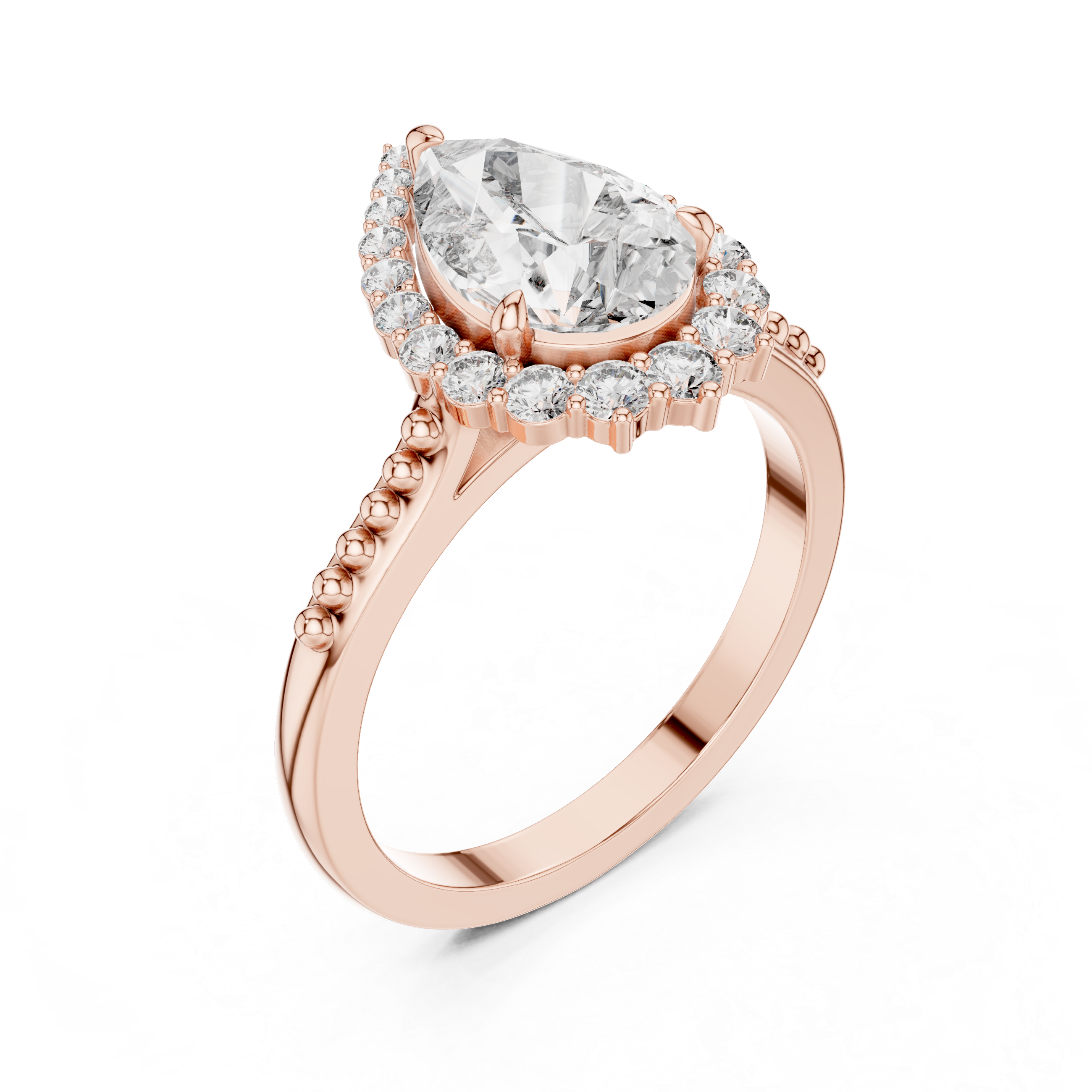 Pear-Shaped Halo Engagement Ring with Beaded Band Accents.