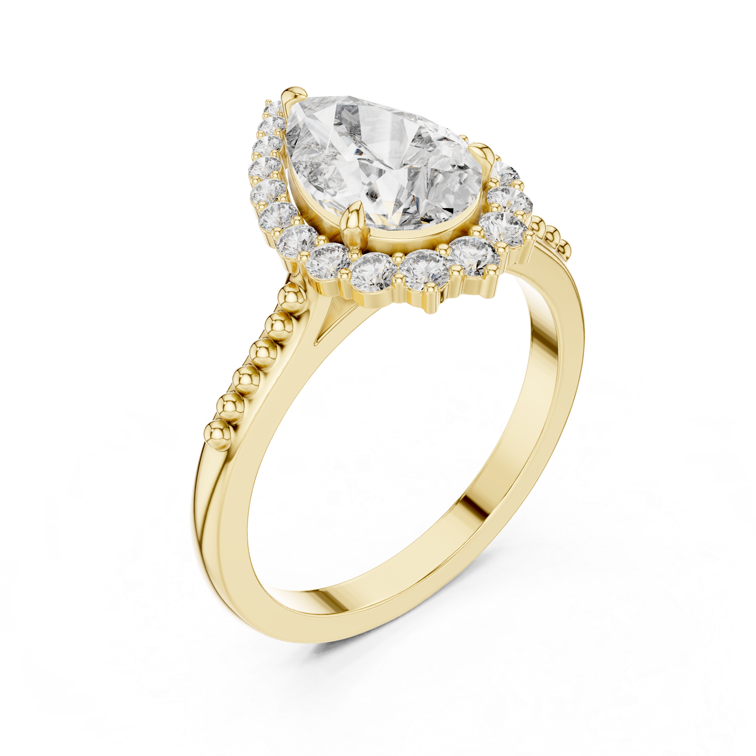 Pear-Shaped Halo Engagement Ring with Beaded Band Accents.