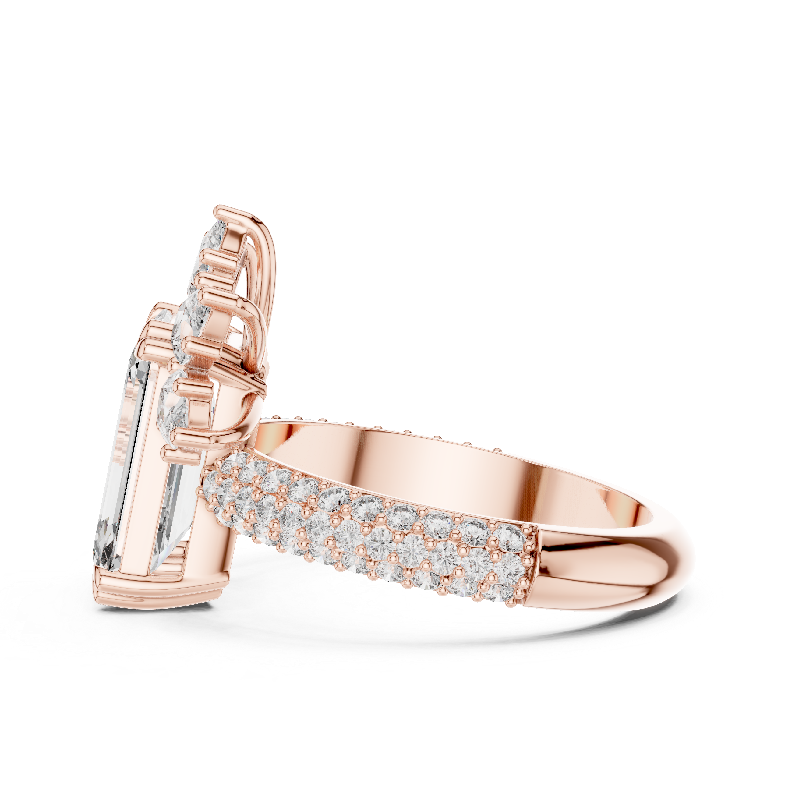 Emerald-Cut Diamond Engagement Ring with Pav? Band and Marquise Accent.