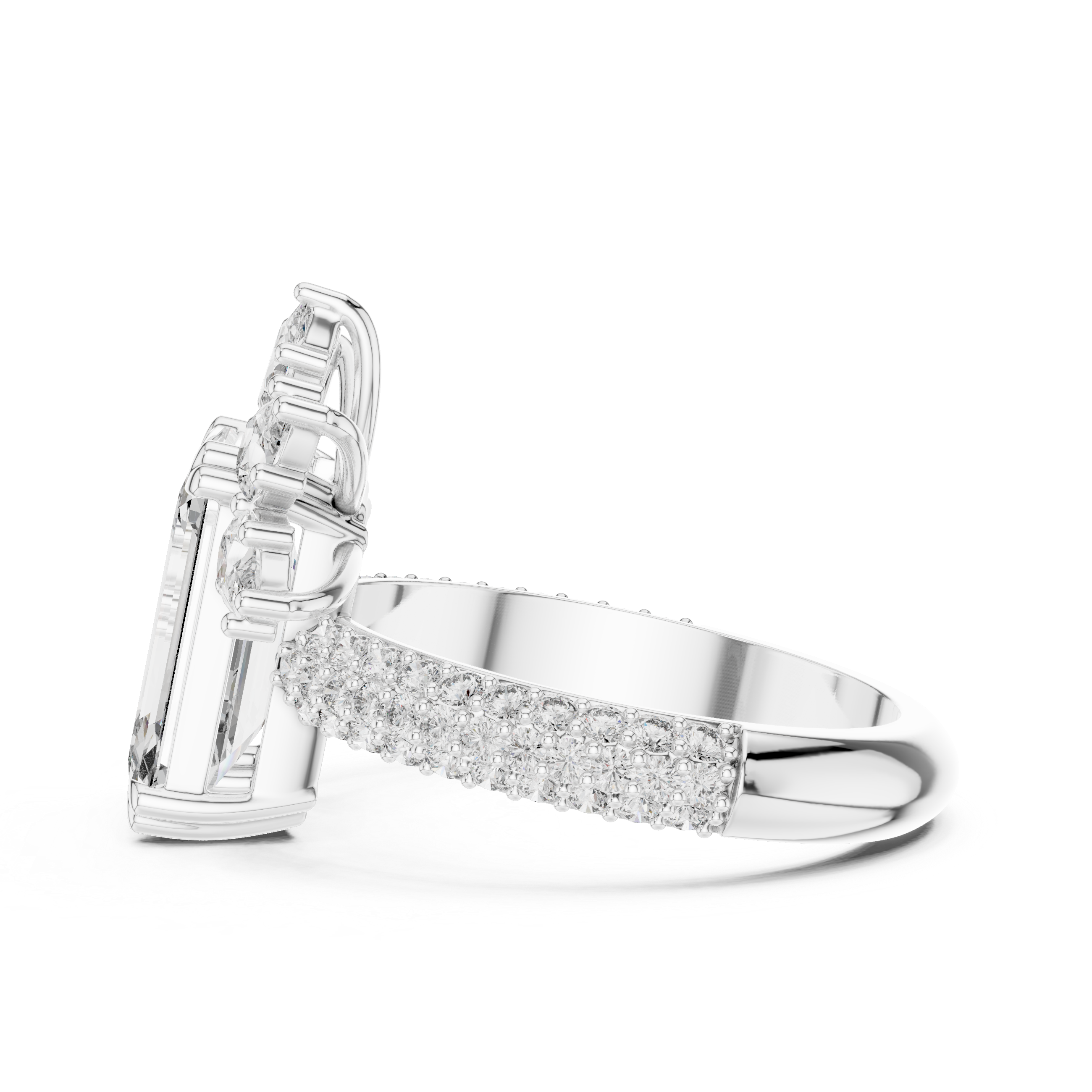 Emerald-Cut Diamond Engagement Ring with Pav? Band and Marquise Accent.