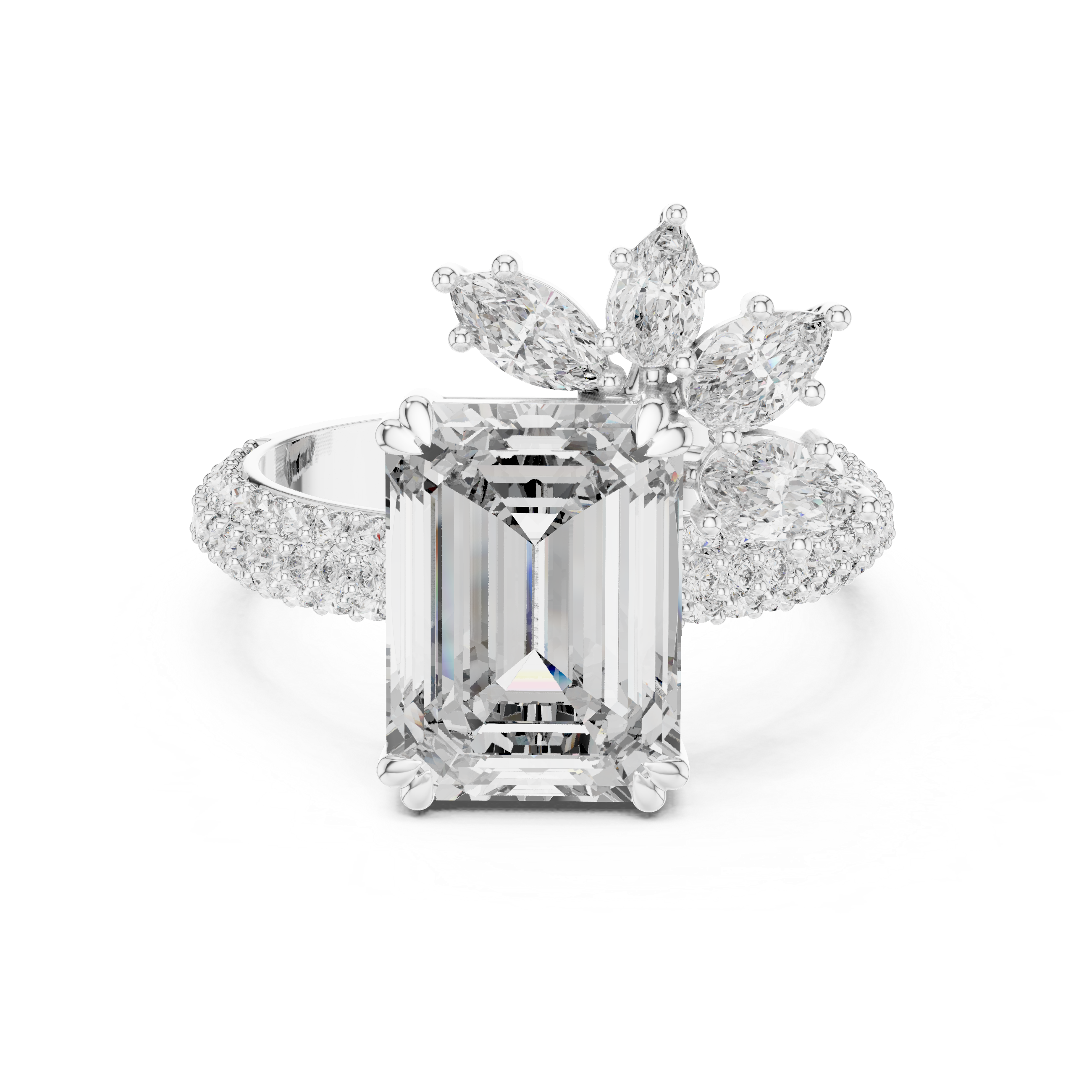 Emerald-Cut Diamond Engagement Ring with Pav? Band and Marquise Accent.