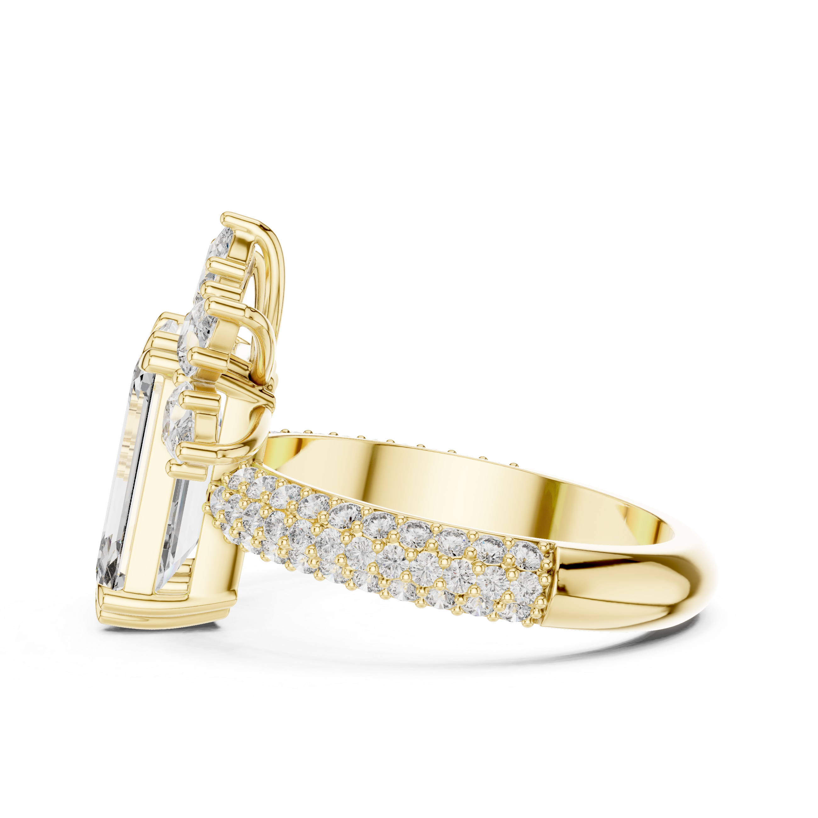 Emerald-Cut Diamond Engagement Ring with Pav? Band and Marquise Accent.