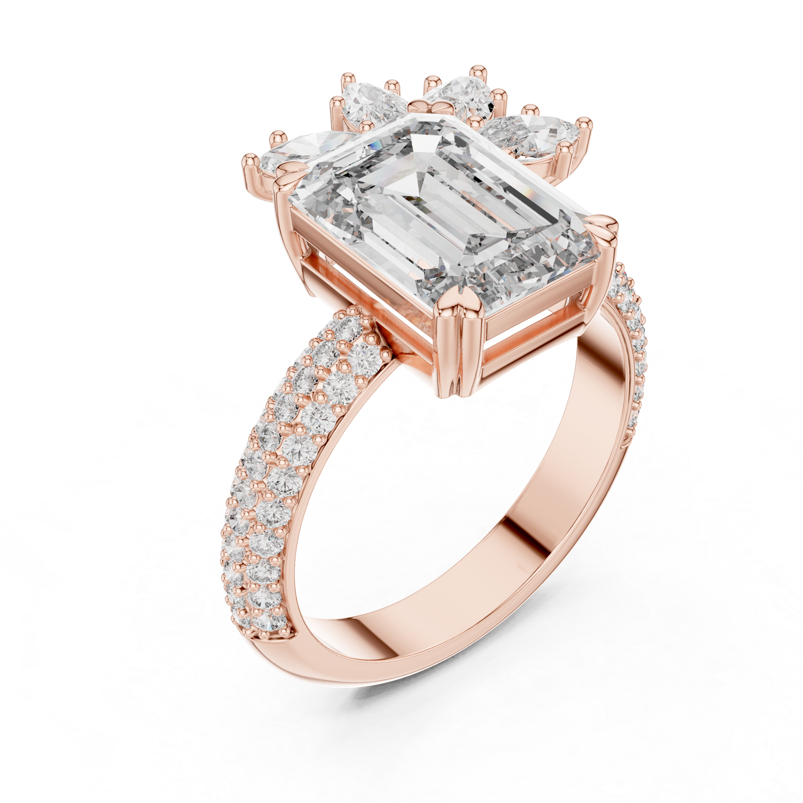 Emerald-Cut Diamond Engagement Ring with Pav? Band and Marquise Accent.
