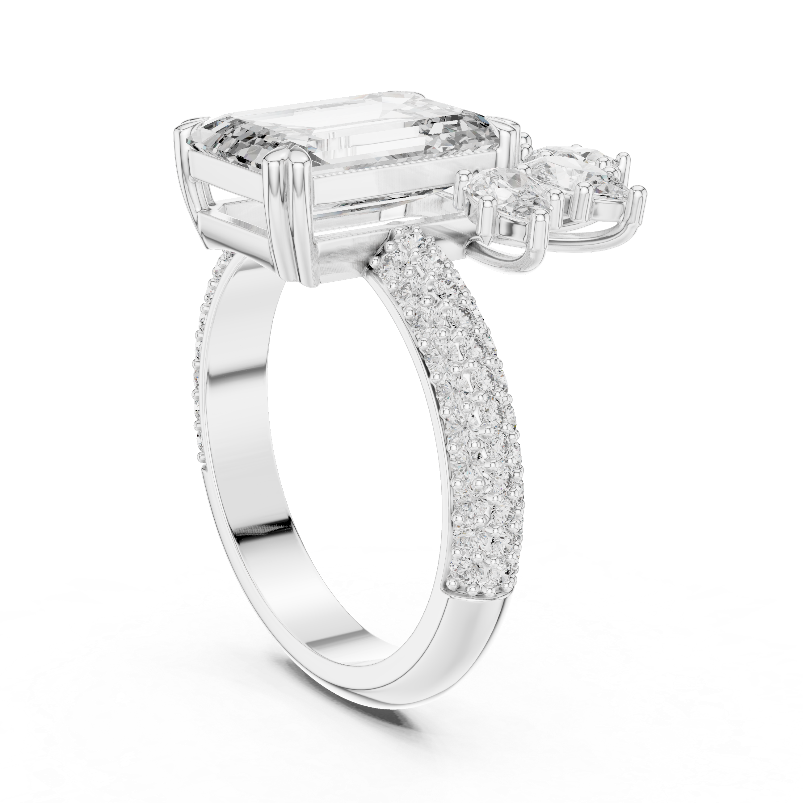 Emerald-Cut Diamond Engagement Ring with Pav? Band and Marquise Accent.