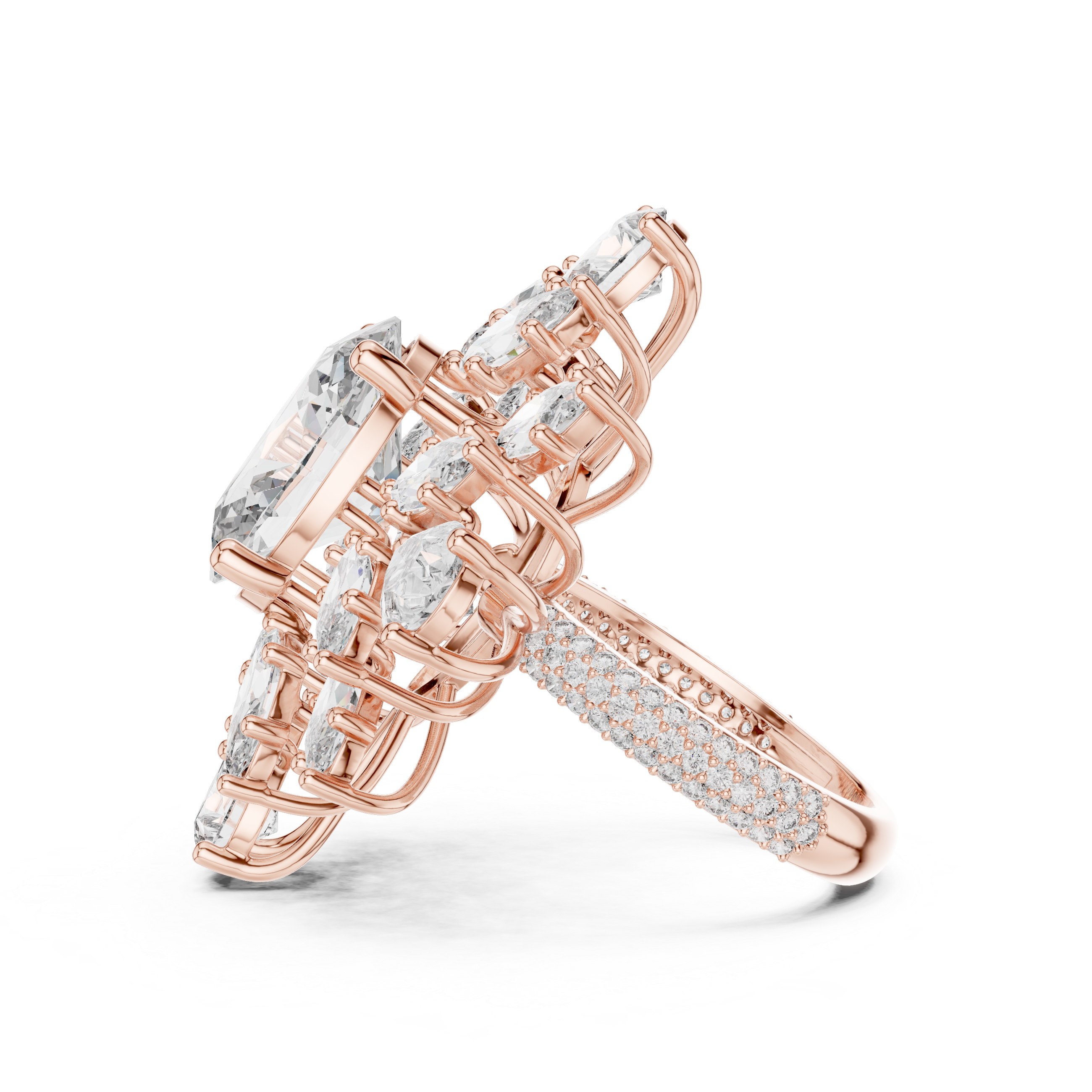 Floral Cluster Engagement Ring with Mixed-Cut Diamonds and Pav? Band.