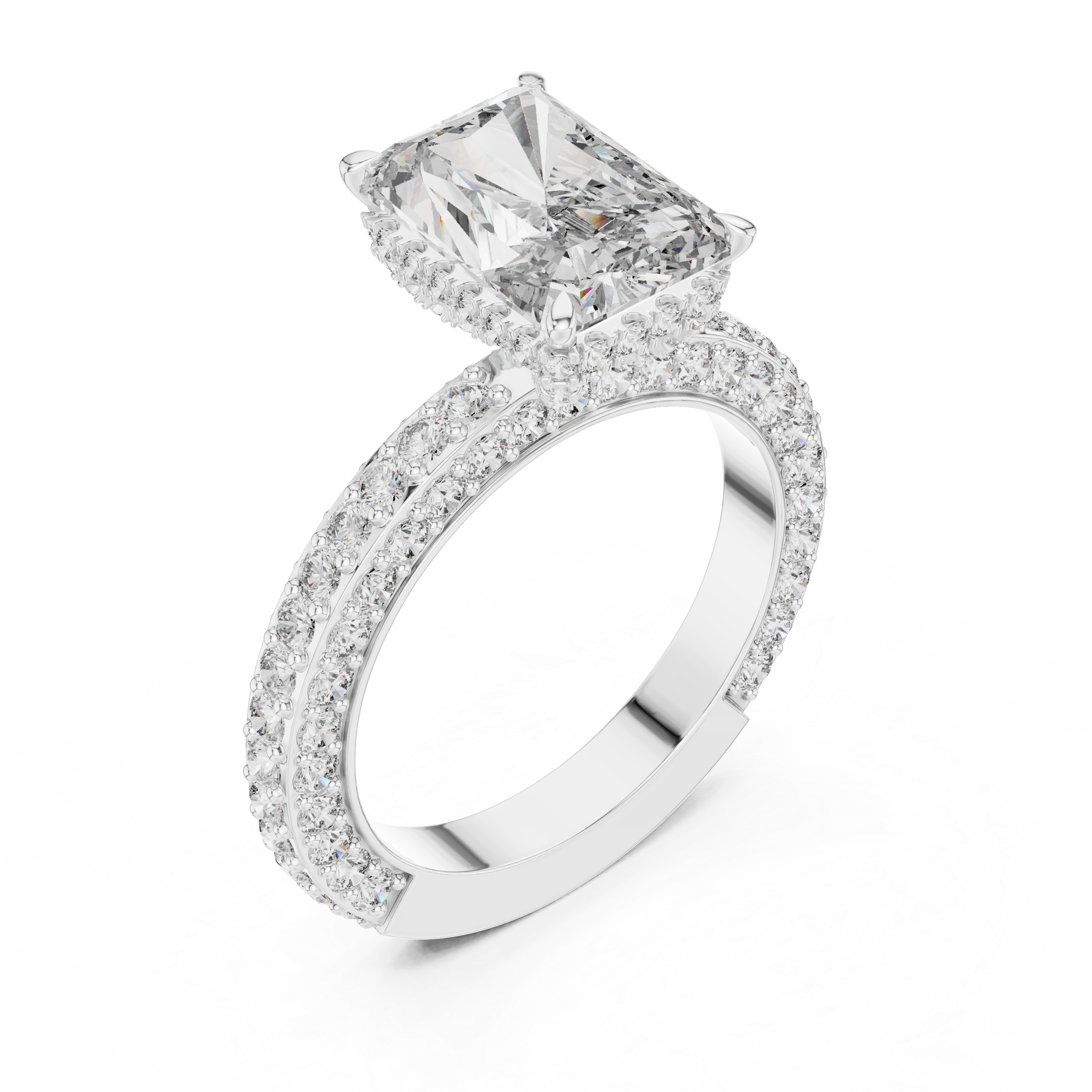 Emerald-Cut Halo Engagement Ring with Double Pav? Band.