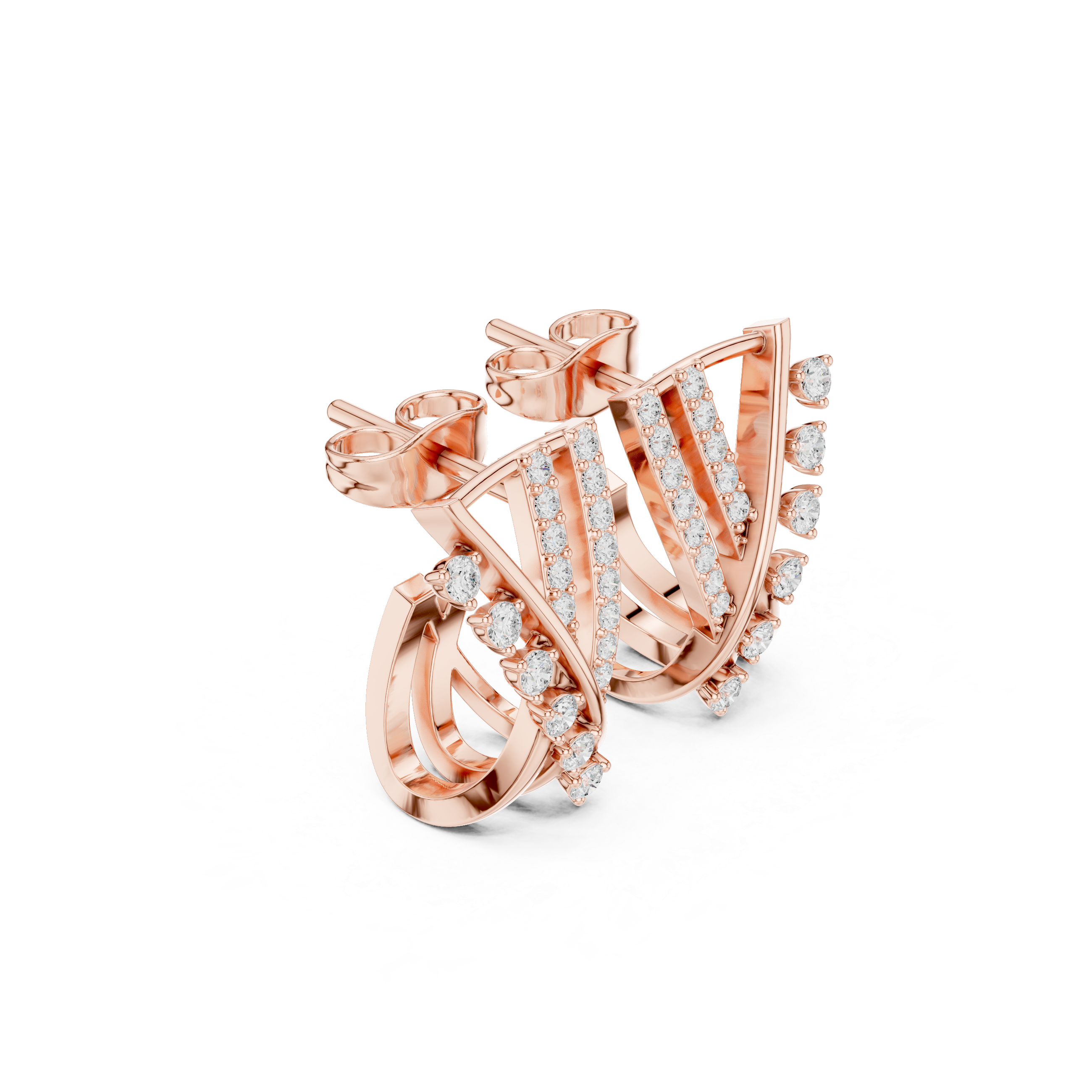 crisscross earrings with pavé diamond lines and scattered diamond accents.