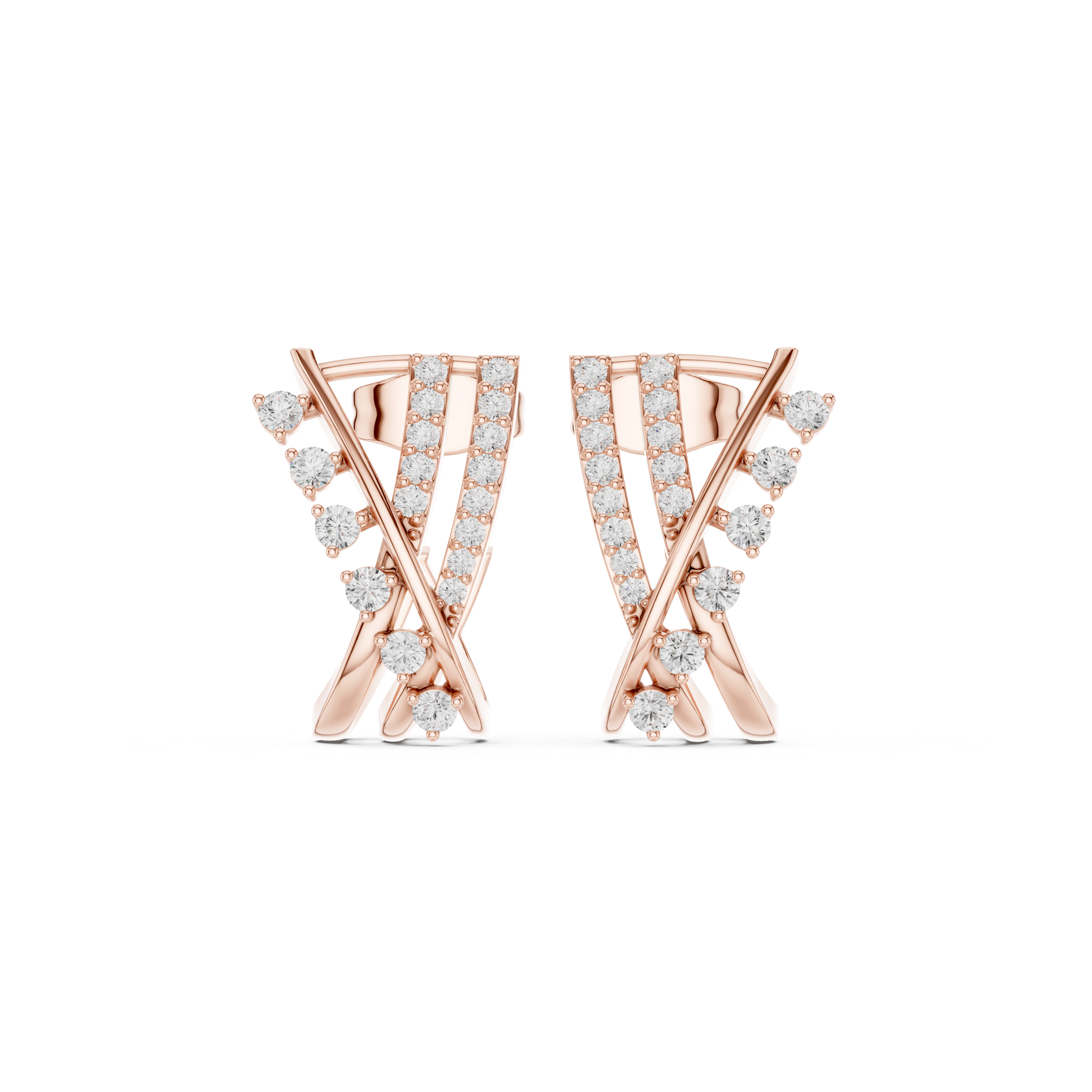 crisscross earrings with pavé diamond lines and scattered diamond accents.