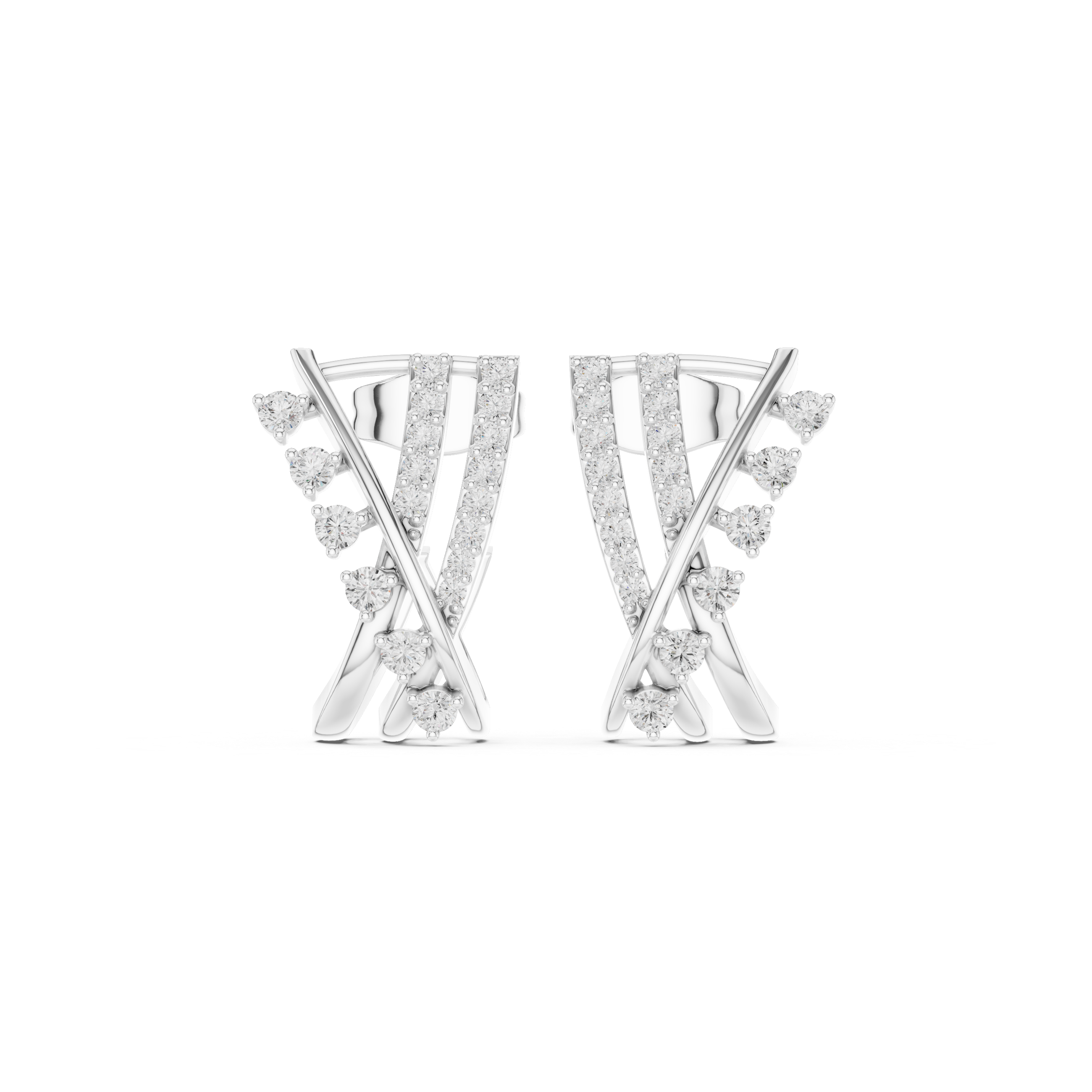 crisscross earrings with pavé diamond lines and scattered diamond accents.
