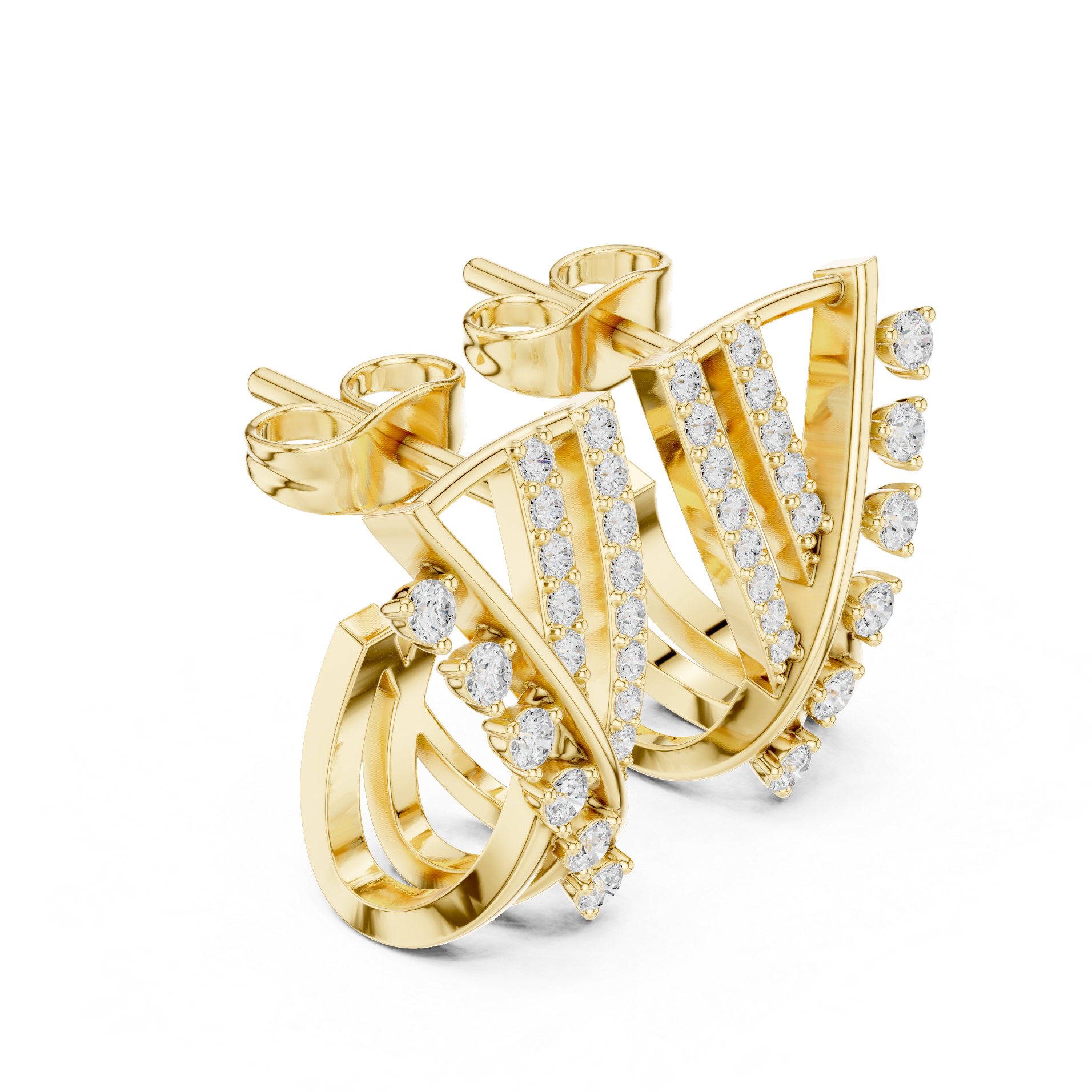 crisscross earrings with pavé diamond lines and scattered diamond accents.