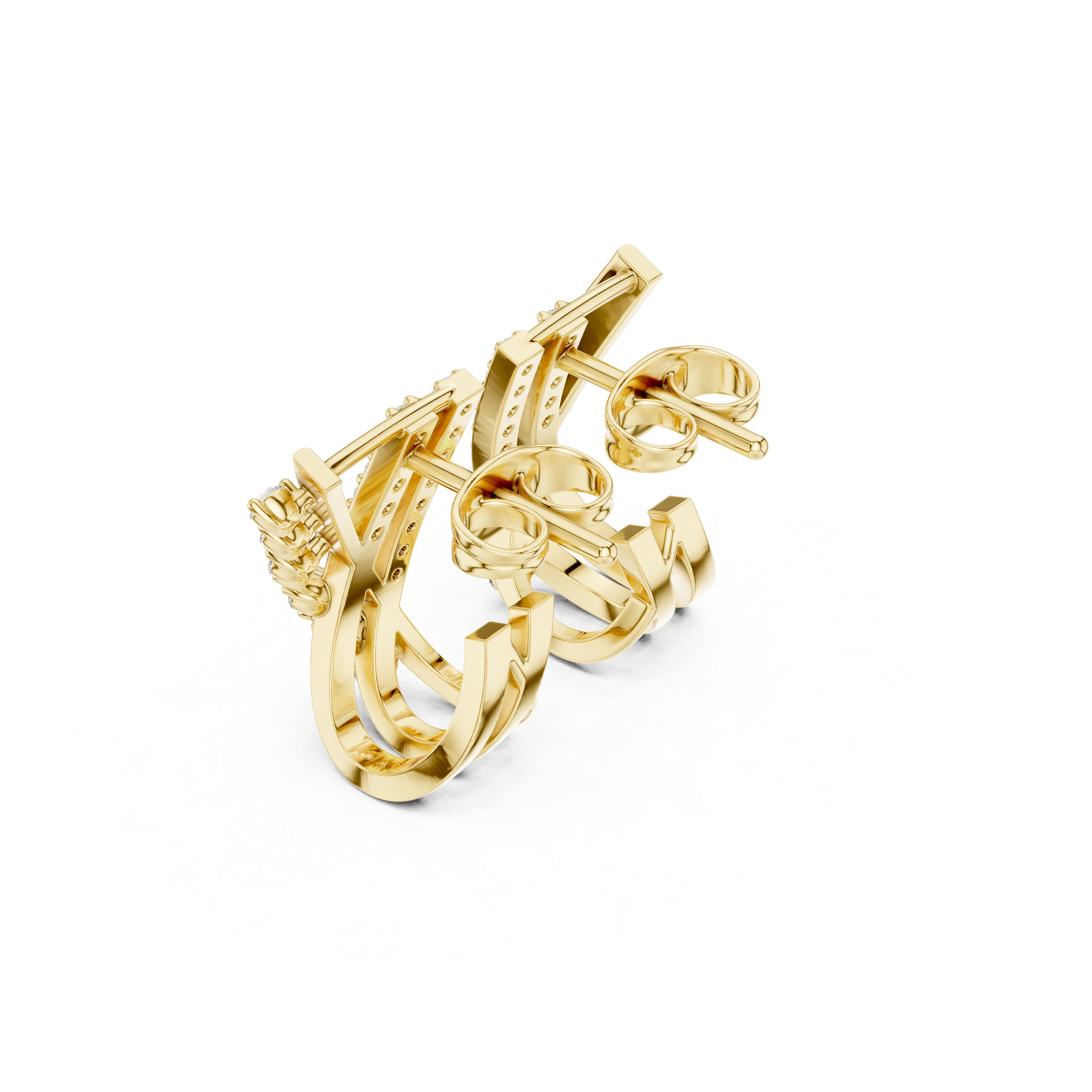 crisscross earrings with pavé diamond lines and scattered diamond accents.