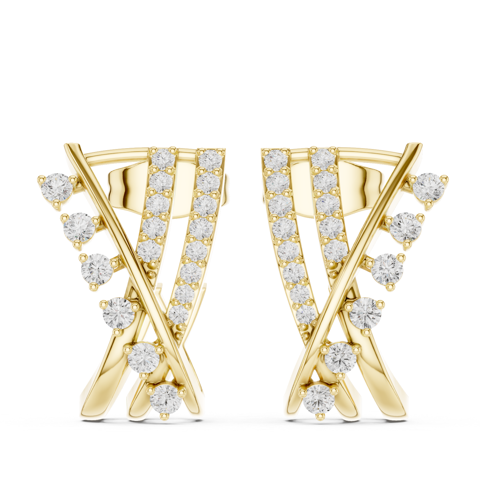 crisscross earrings with pavé diamond lines and scattered diamond accents.