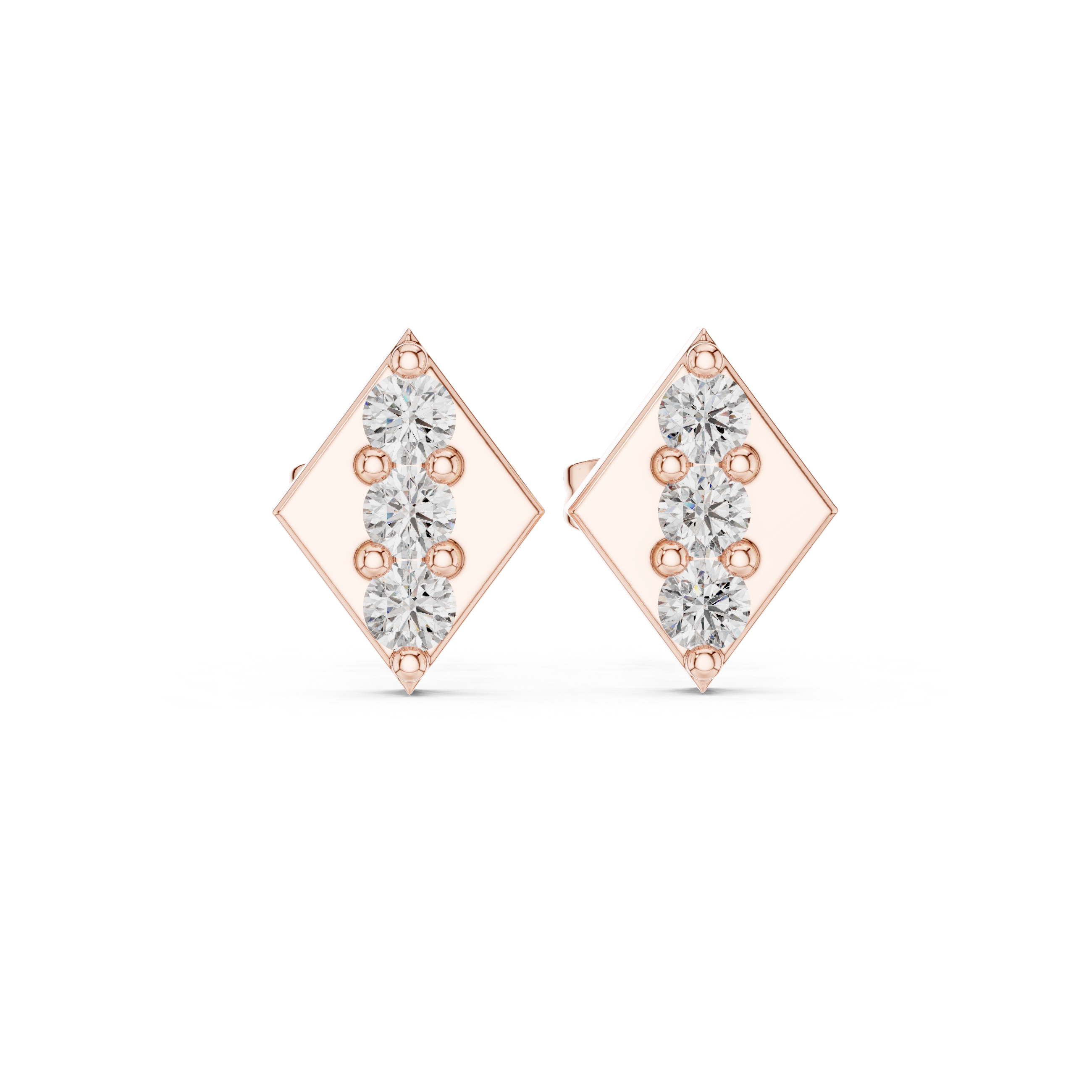 Rhombus Stud Earrings Embellished with Radiant Round-Cut Diamonds