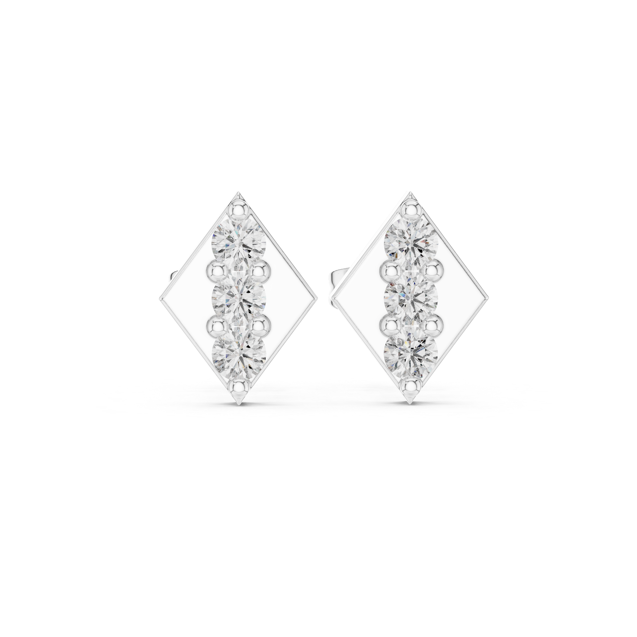 Rhombus Stud Earrings Embellished with Radiant Round-Cut Diamonds