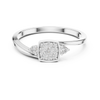 square cluster of diamonds and two side stones on a slim band.
